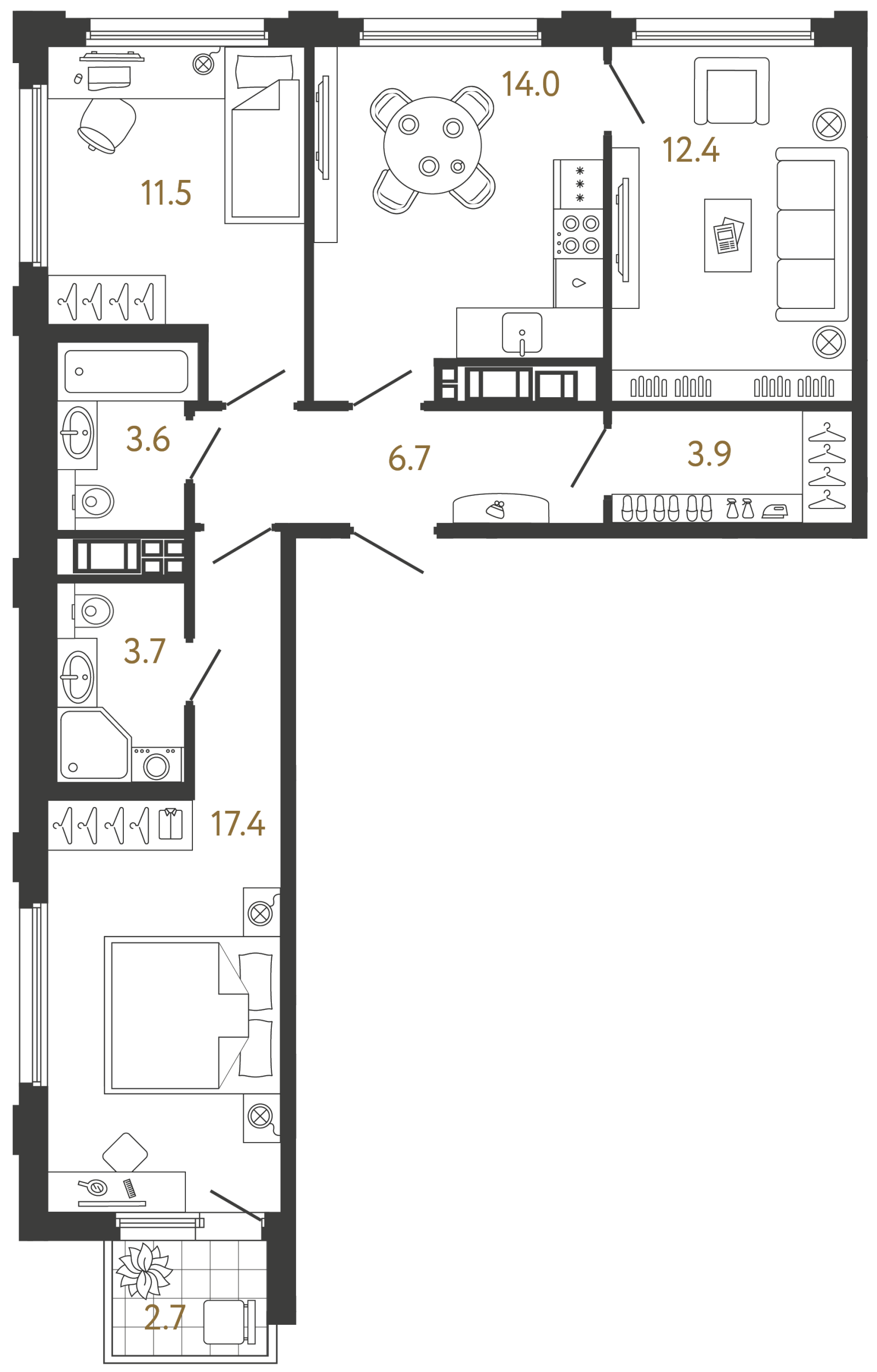 Планировка: 3-комнатная квартира, 73,2 м²