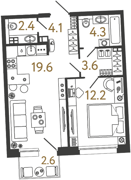 Планировка: 1-комнатная квартира, 46,2 м²