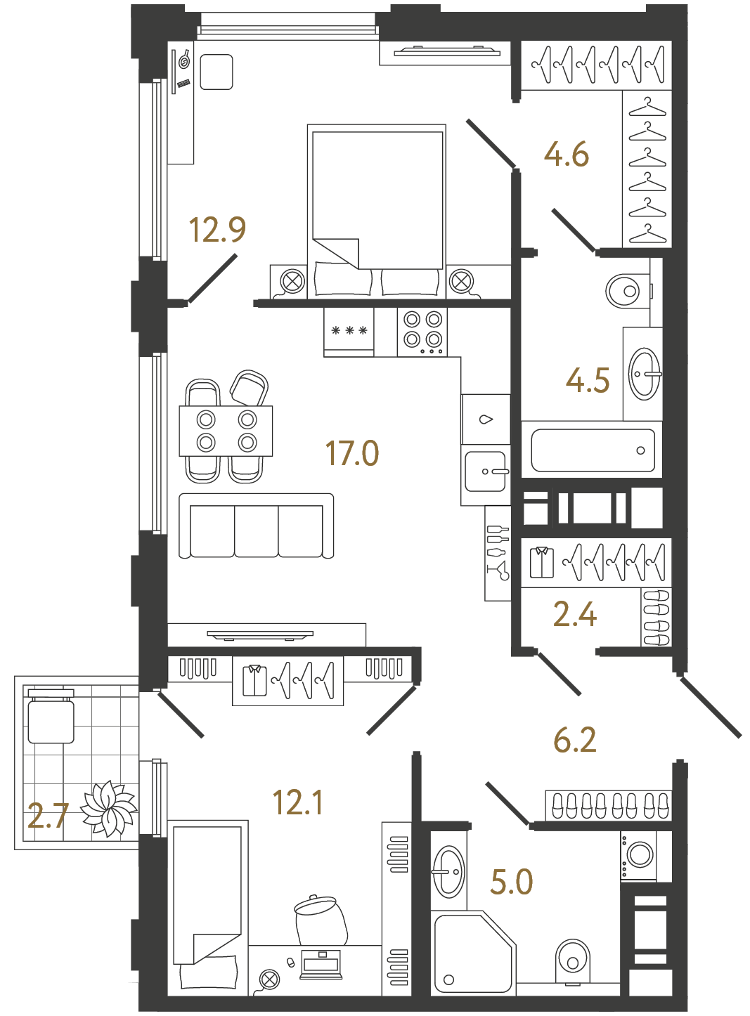 Планировка: 2-комнатная квартира, 64,7 м²