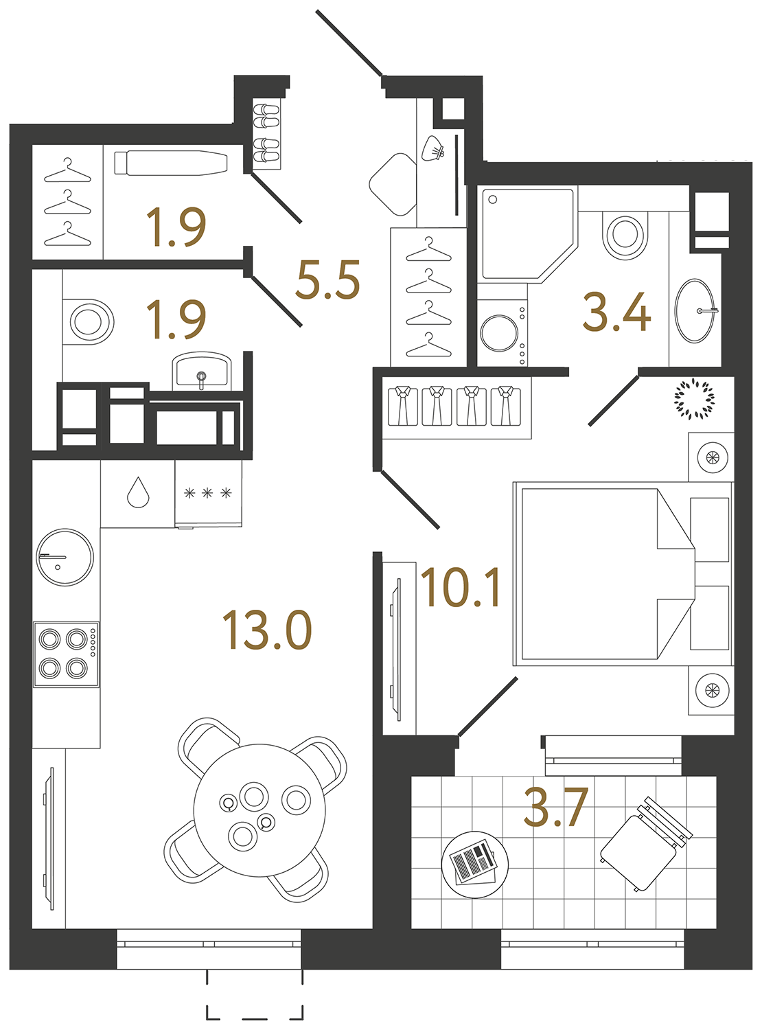 Планировка: 1-комнатная квартира, 35,8 м²