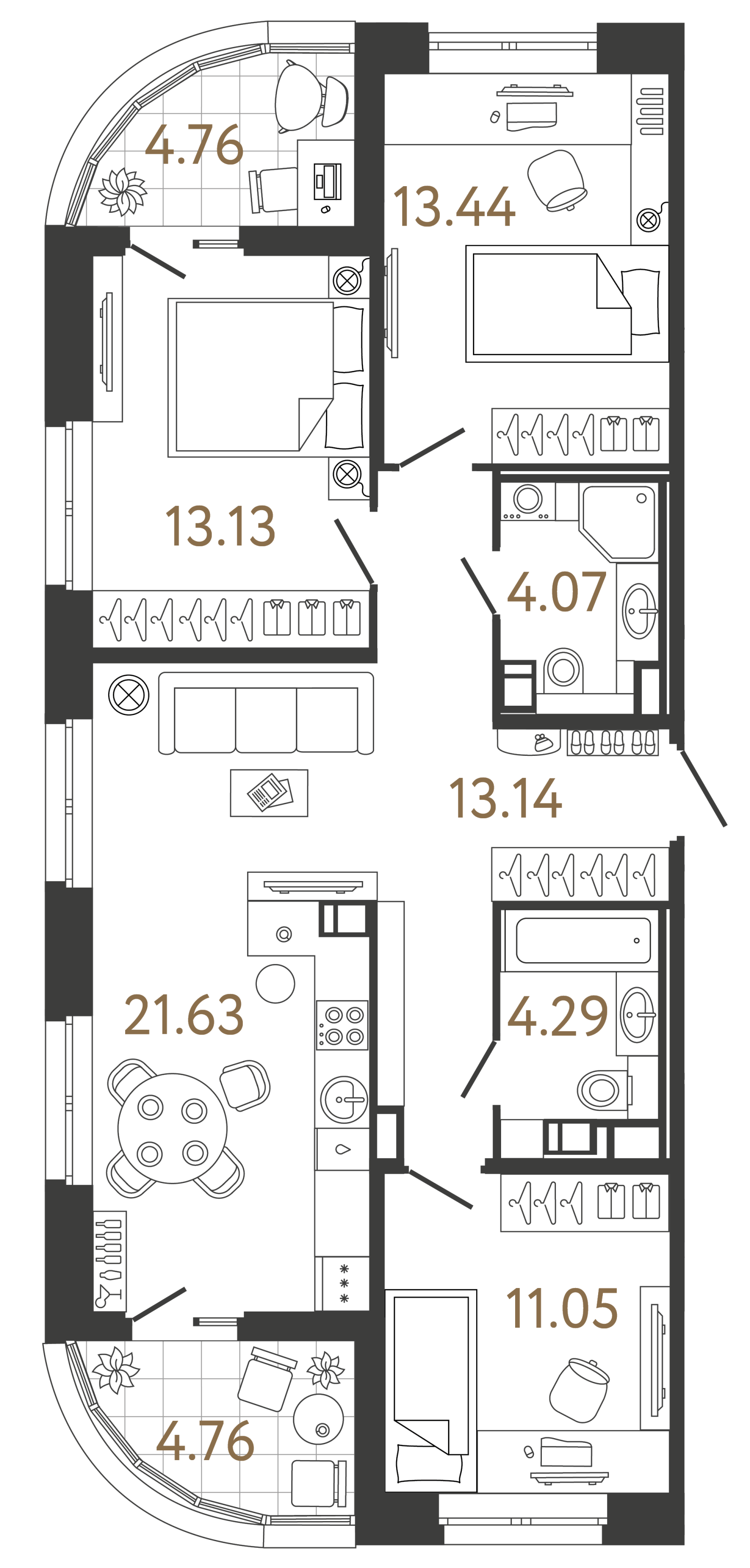 Планировка: 3-комнатная квартира, 80,8 м²