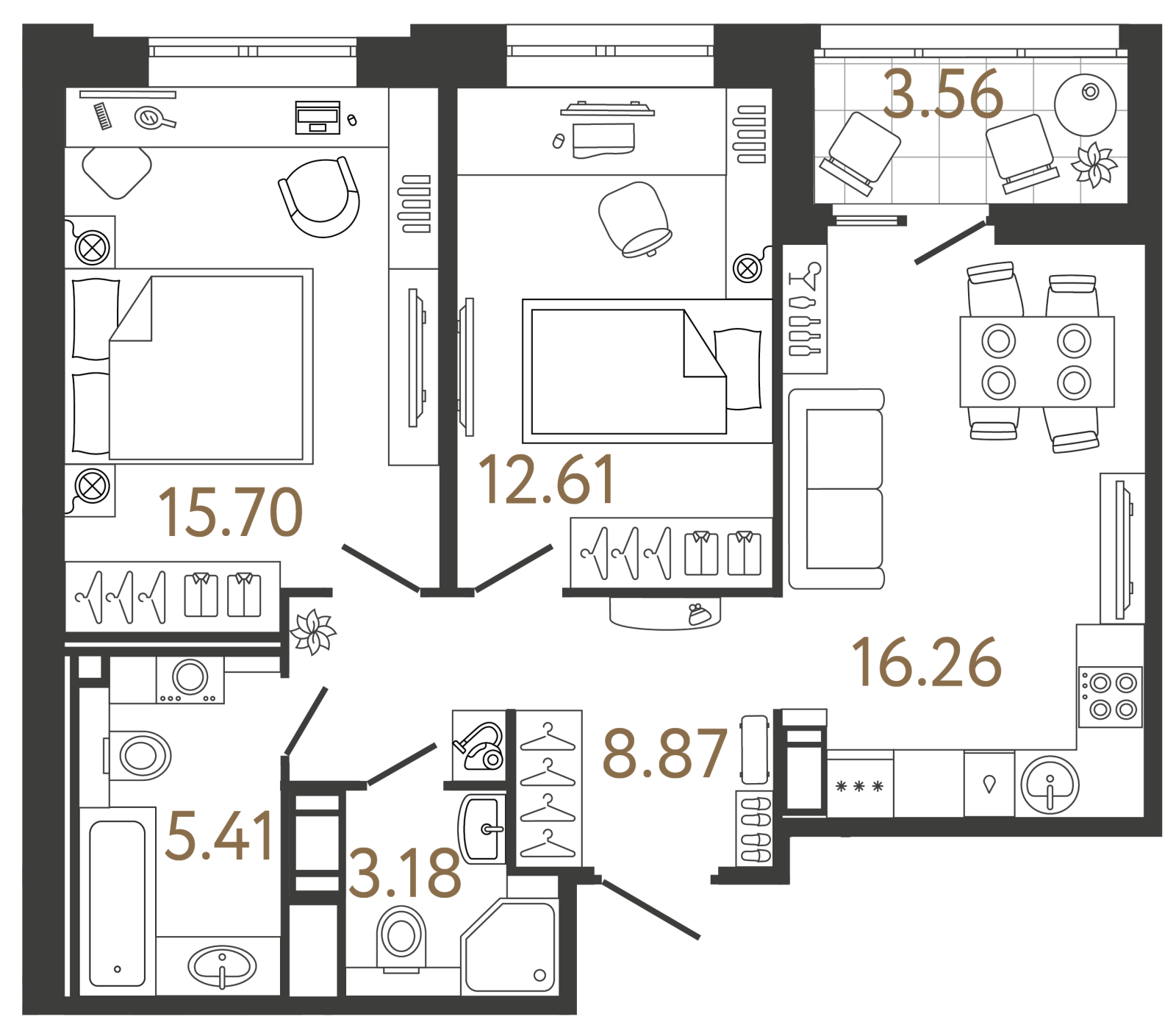 Планировка: 2-комнатная квартира, 62,0 м²