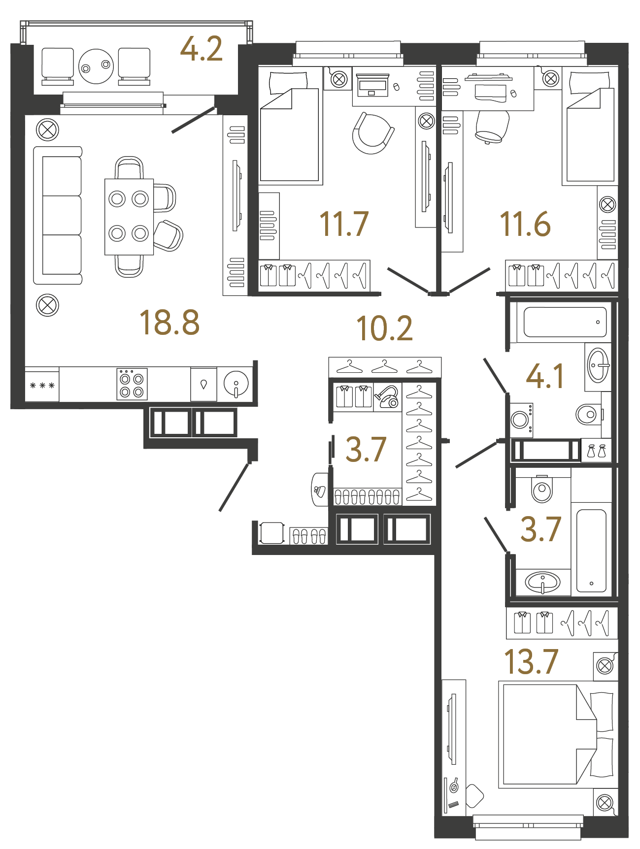 Планировка: 3-комнатная квартира, 77,5 м²