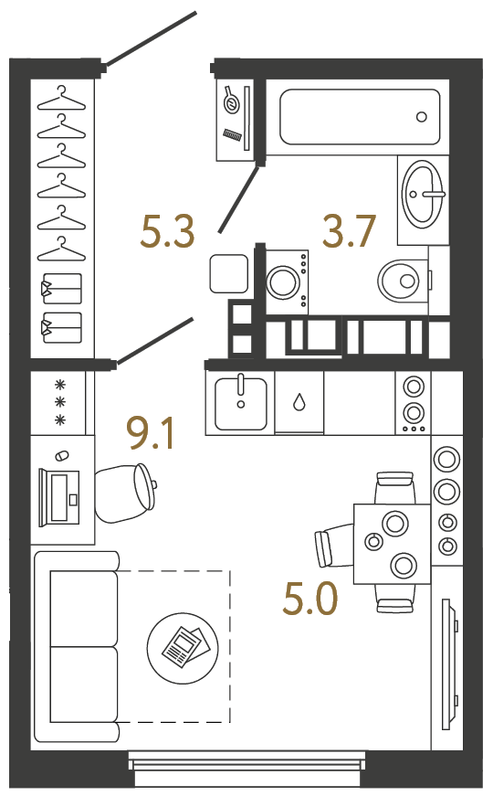 Планировка: студия, 23,1 м²