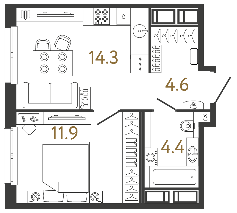 Планировка: 1-комнатная квартира, 35,2 м²