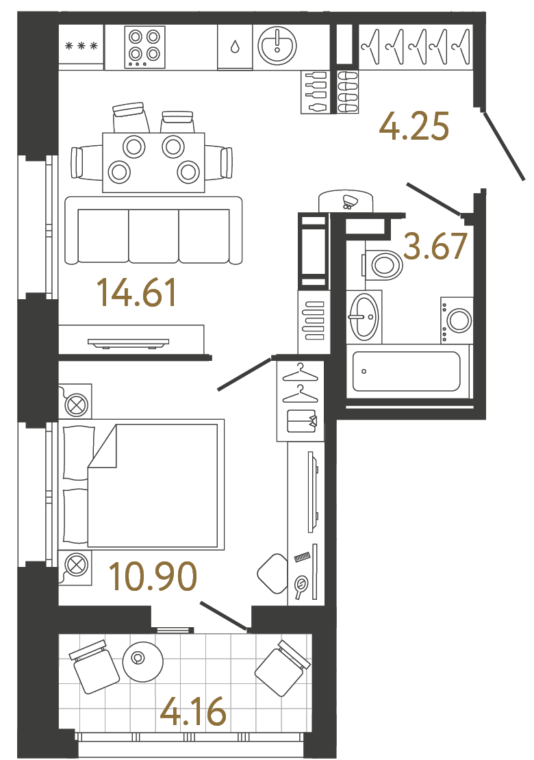 Планировка: 1-комнатная квартира, 33,4 м²
