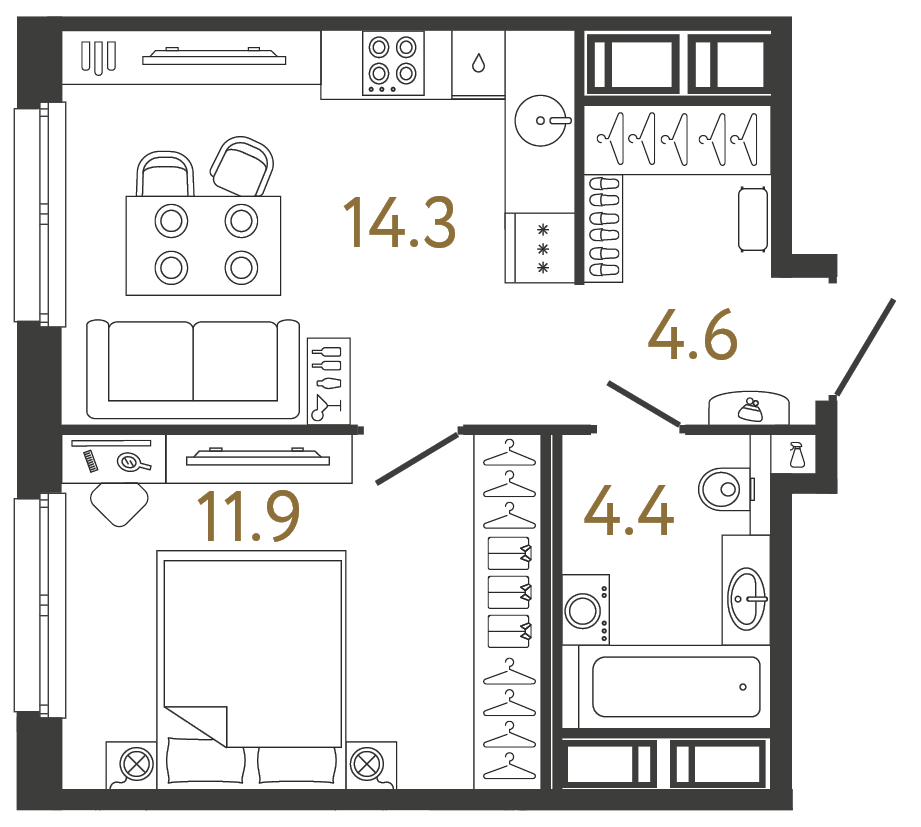 Планировка: 1-комнатная квартира, 35,2 м²