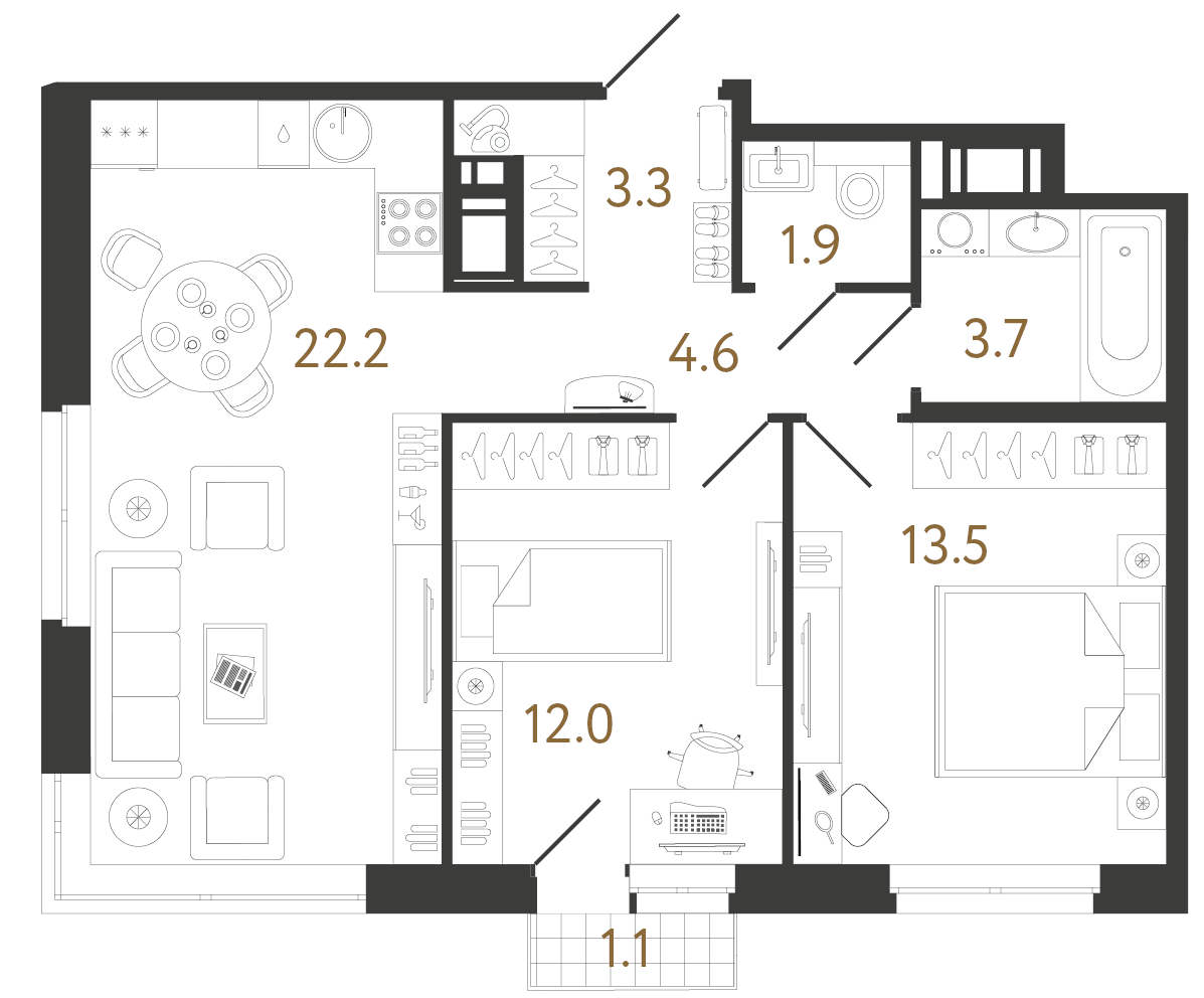 Планировка: 2-комнатная квартира, 61,2 м²