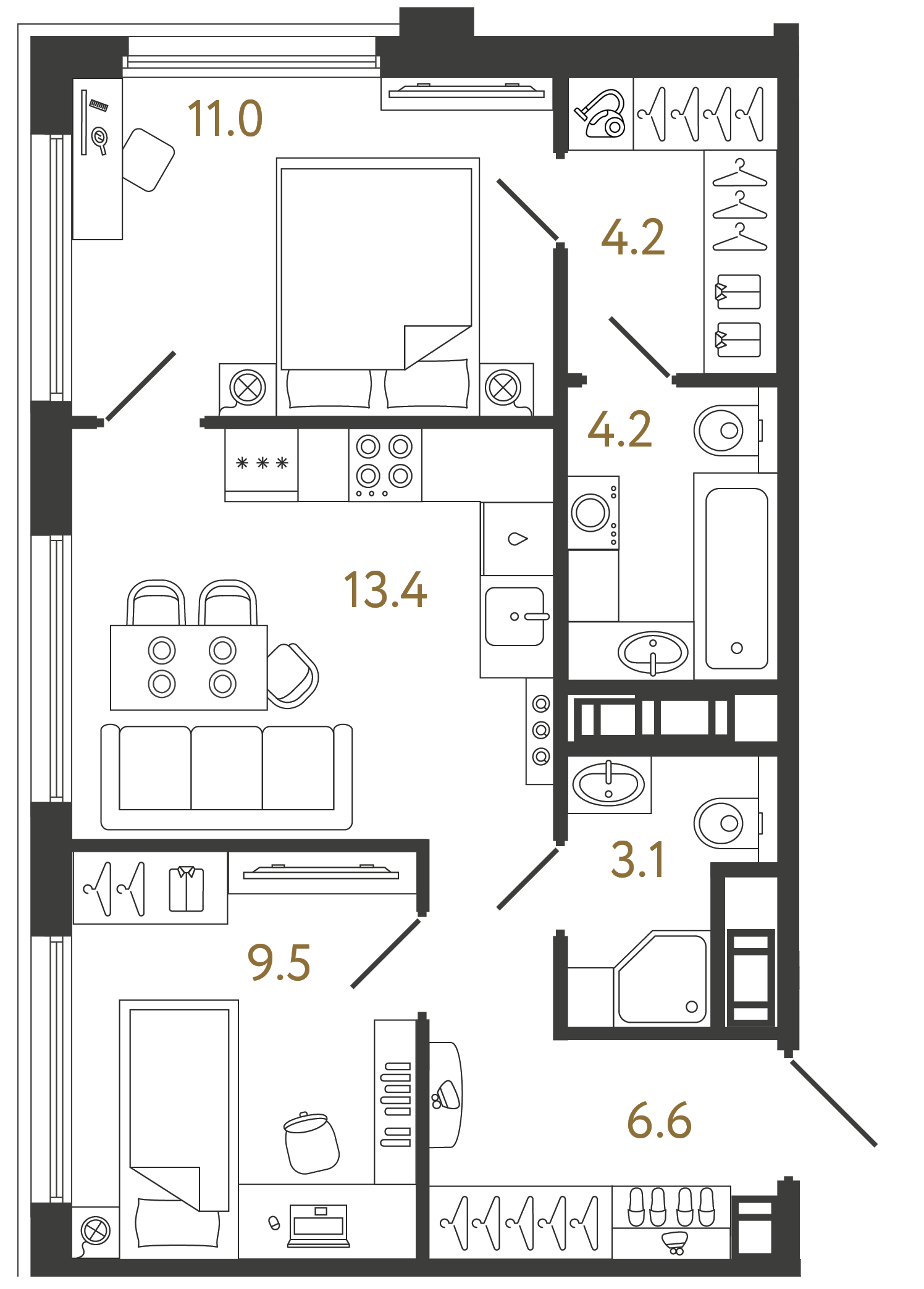 Планировка: 2-комнатная квартира, 52,0 м²