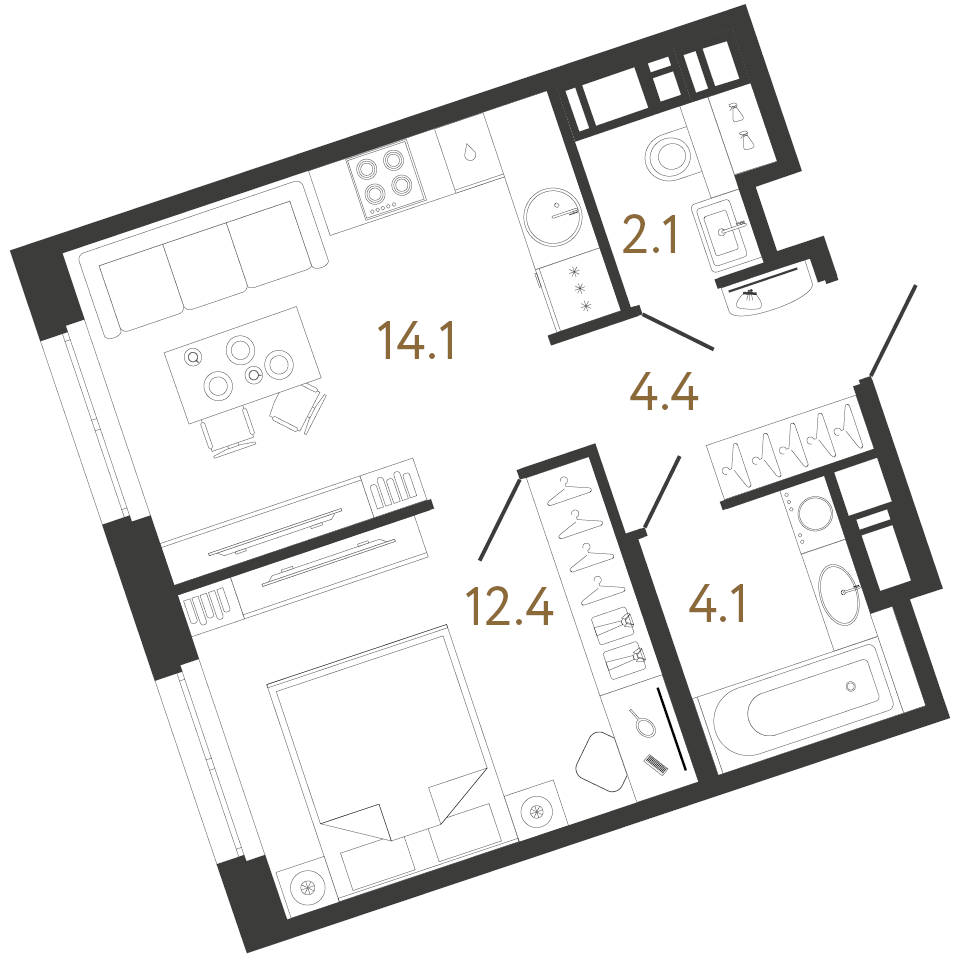 Планировка: 1-комнатная квартира, 37,1 м²
