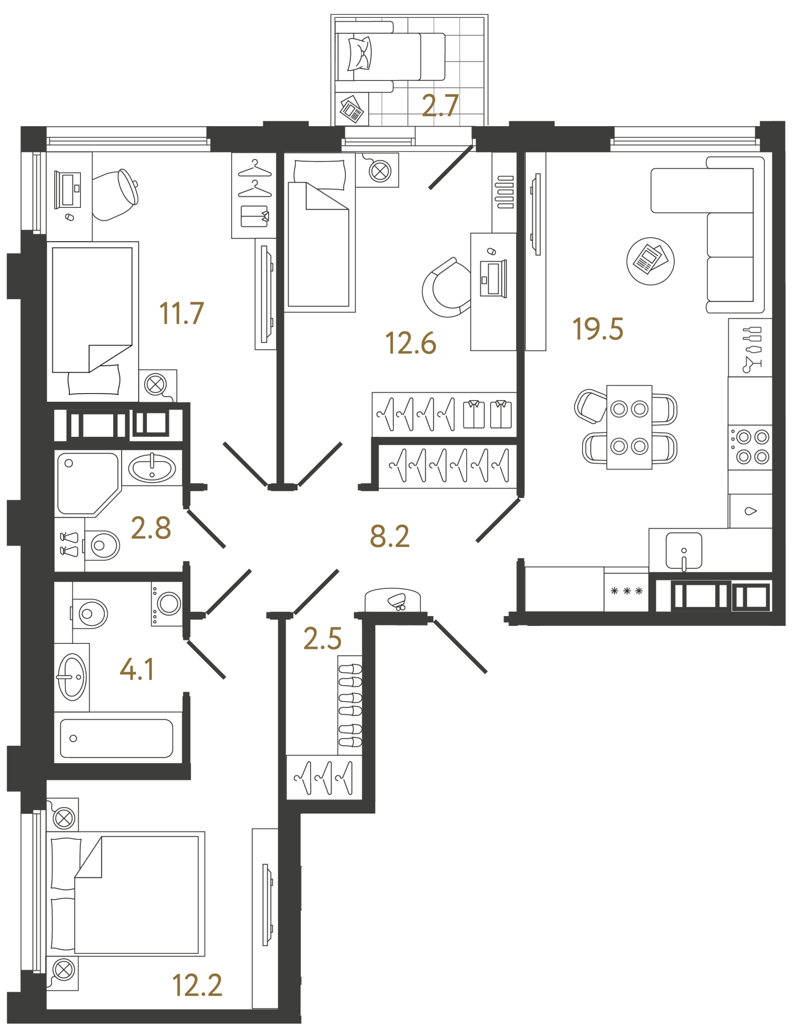 Планировка: 3-комнатная квартира, 73,6 м²