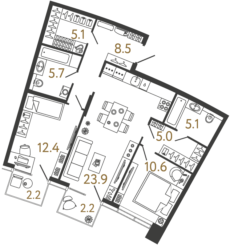 Планировка: 2-комнатная квартира, 76,3 м²