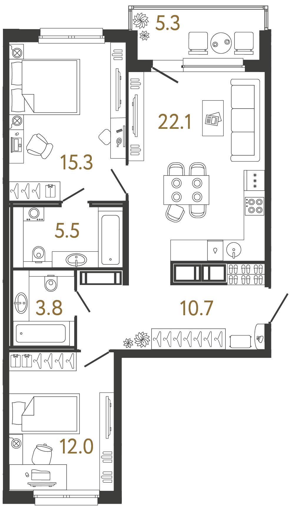 Планировка: 2-комнатная квартира, 69,4 м²