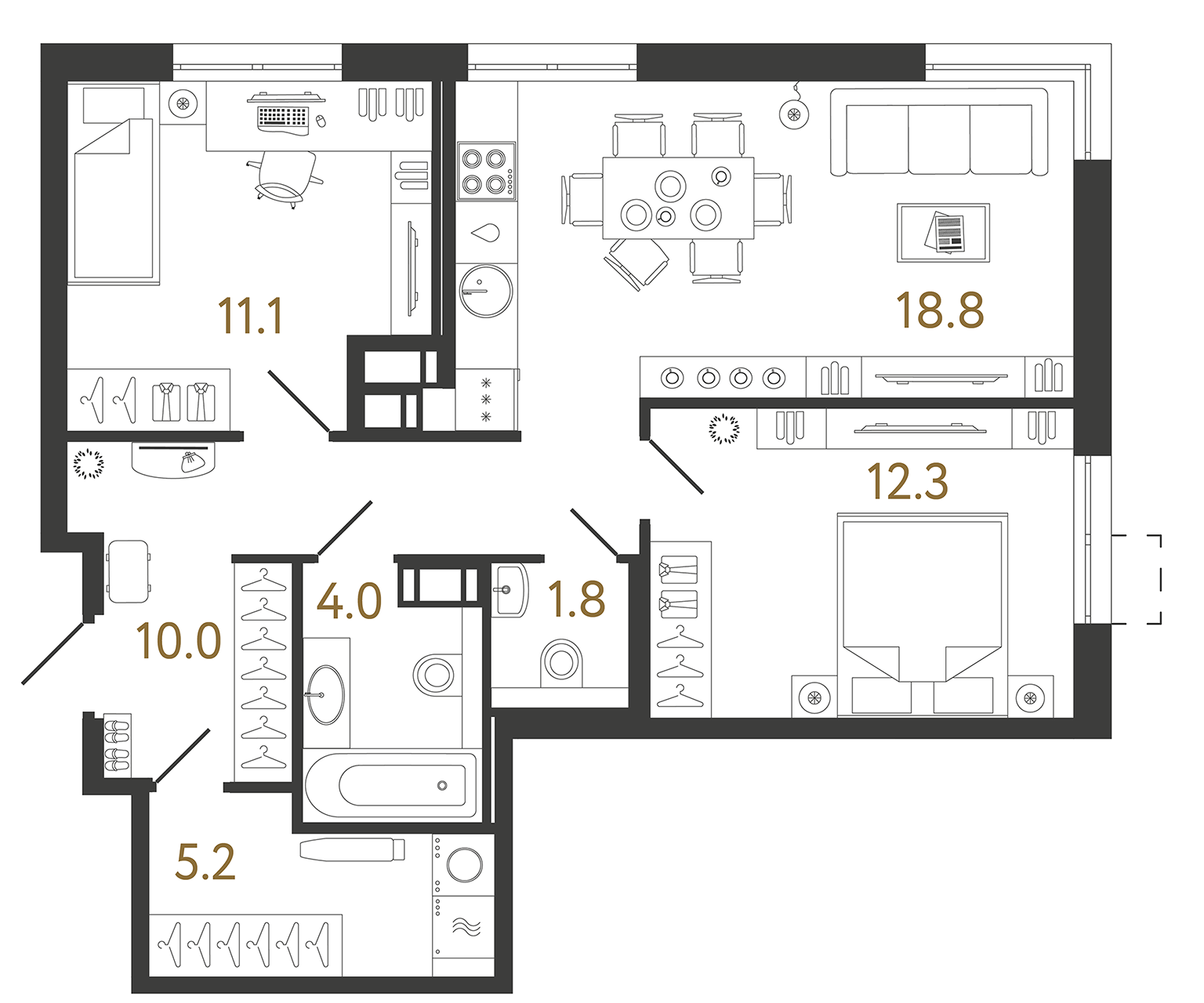 Планировка: 2-комнатная квартира, 63,2 м²