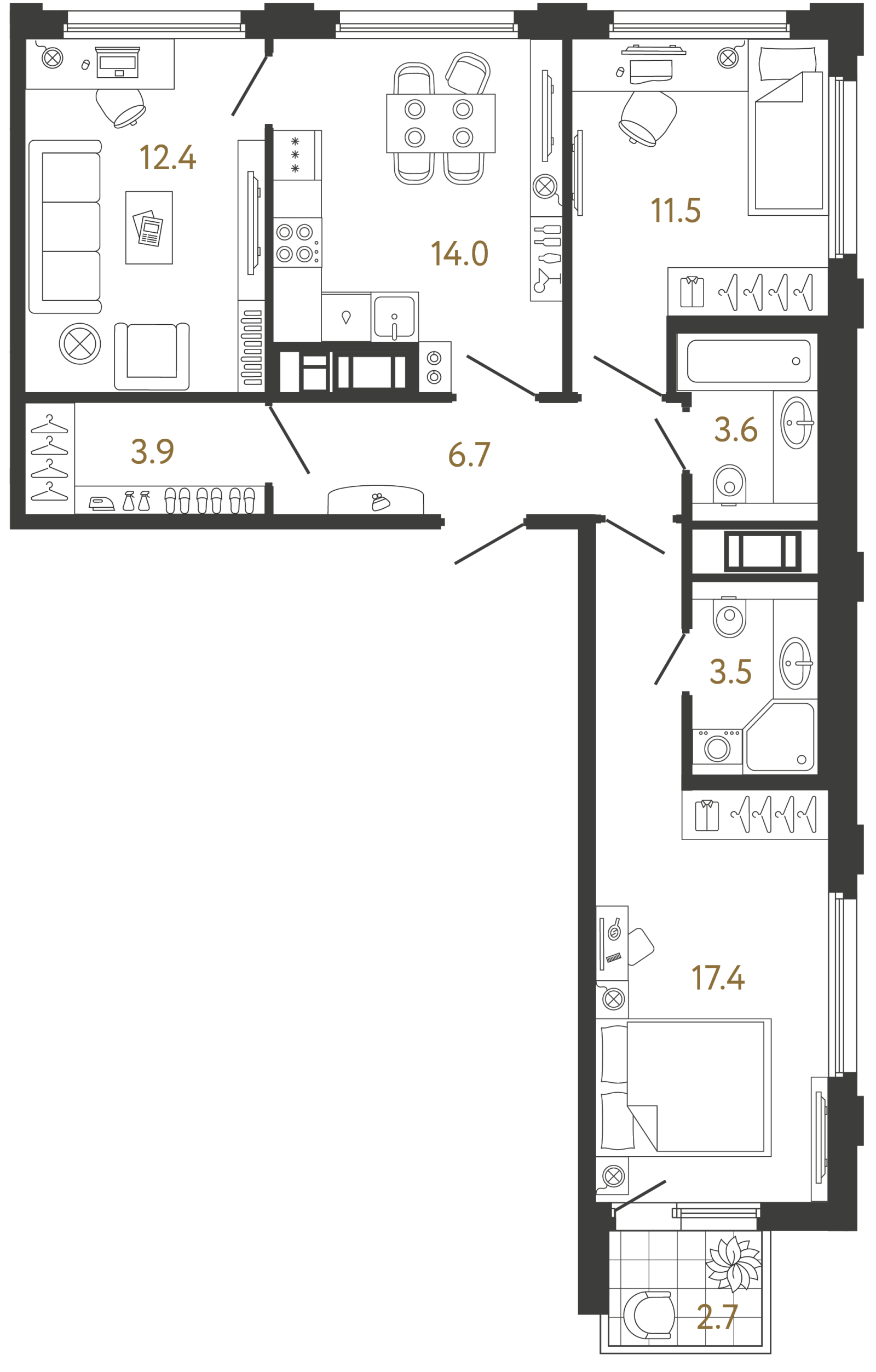 Планировка: 3-комнатная квартира, 73,0 м²