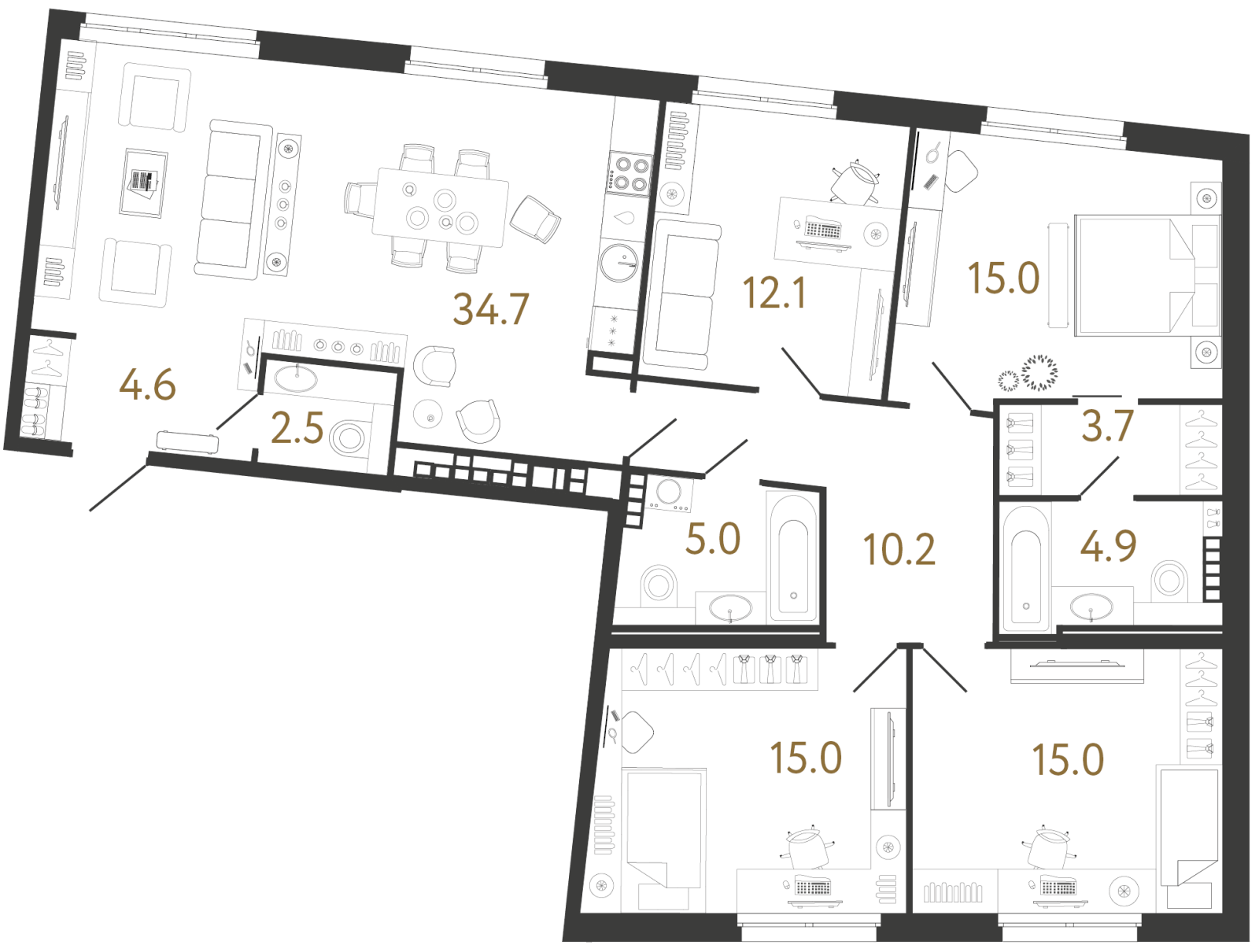 Планировка: 4-комнатная квартира, 122,7 м²