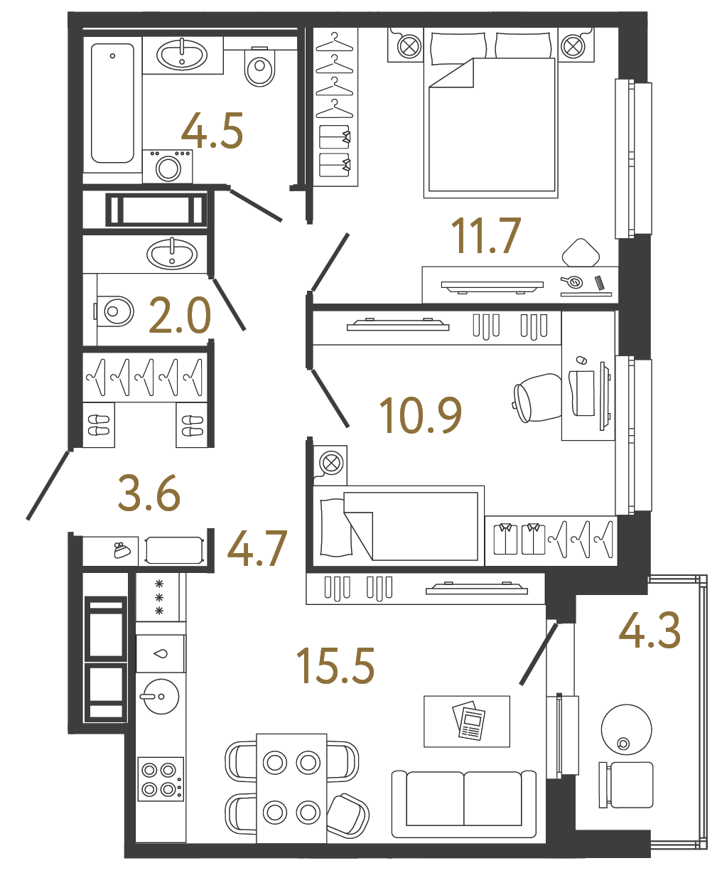 Планировка: 2-комнатная квартира, 52,9 м²
