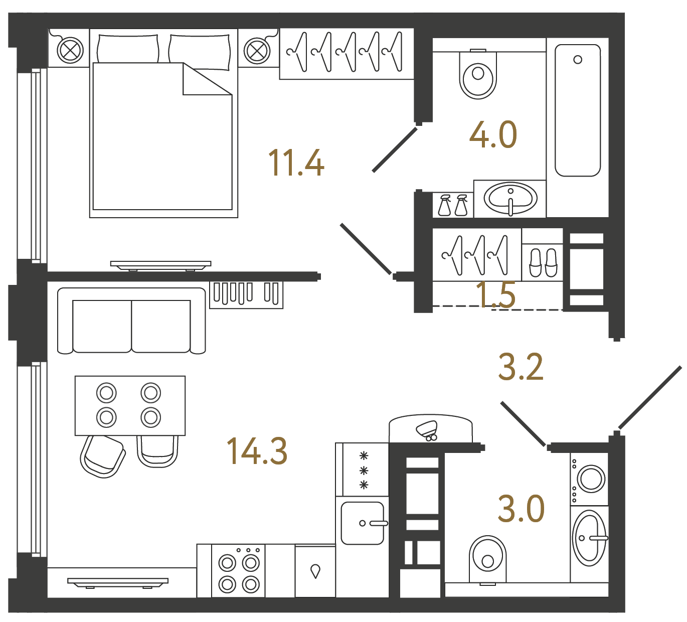 Планировка: 1-комнатная квартира, 37,4 м²