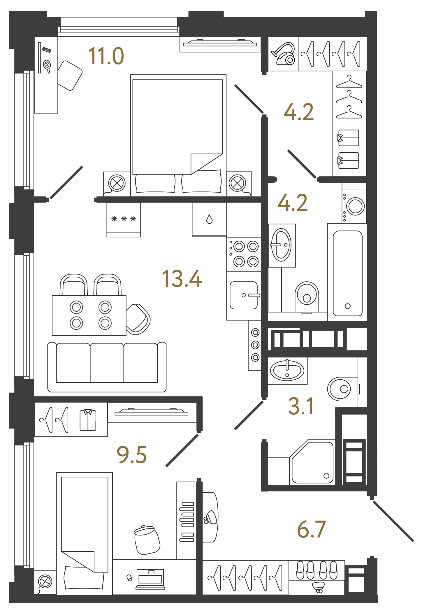 Планировка: 2-комнатная квартира, 52,1 м²