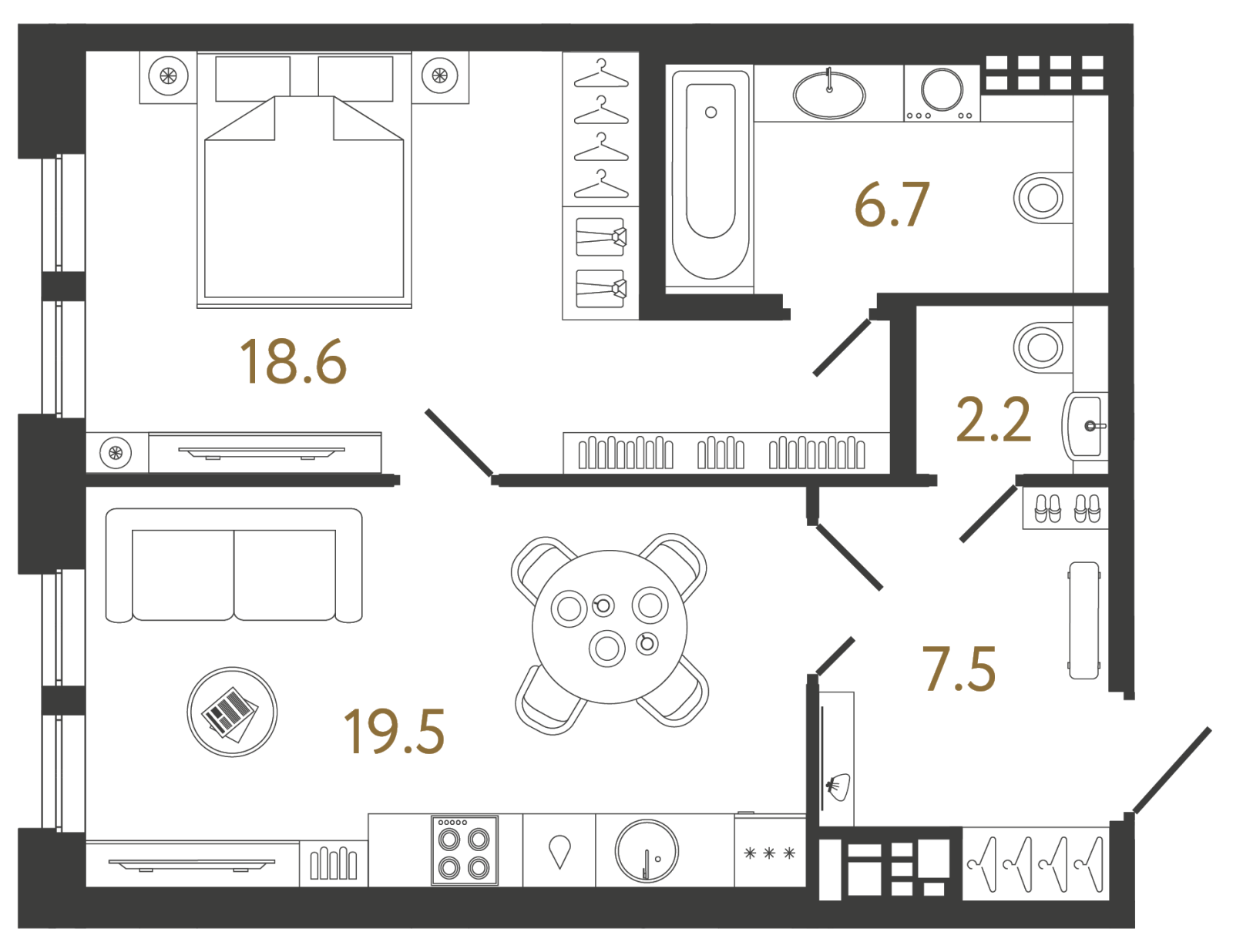 Планировка: 1-комнатная квартира, 54,5 м²
