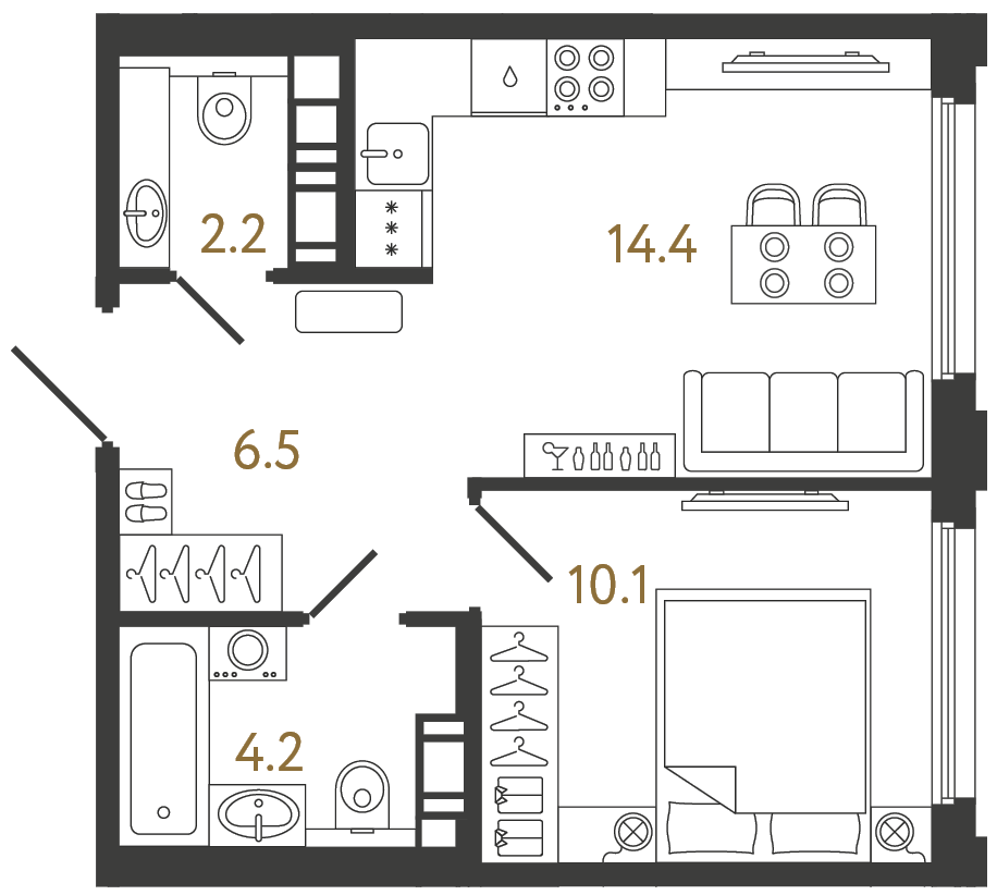 Планировка: 1-комнатная квартира, 37,4 м²