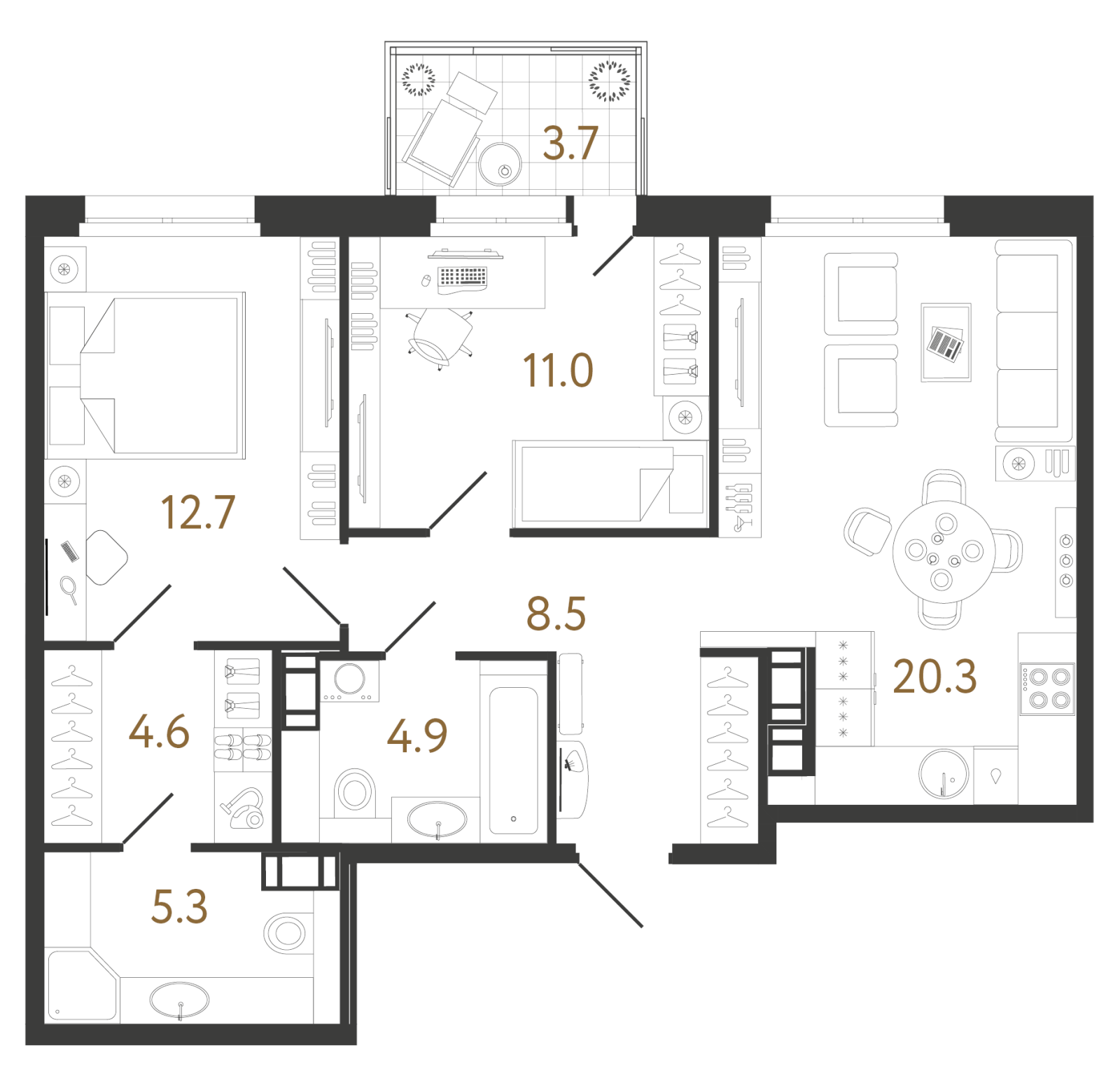 Планировка: 2-комнатная квартира, 67,3 м²