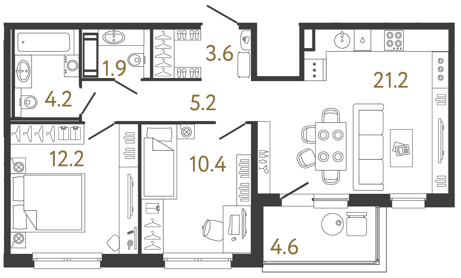 Планировка: 2-комнатная квартира, 58,7 м²
