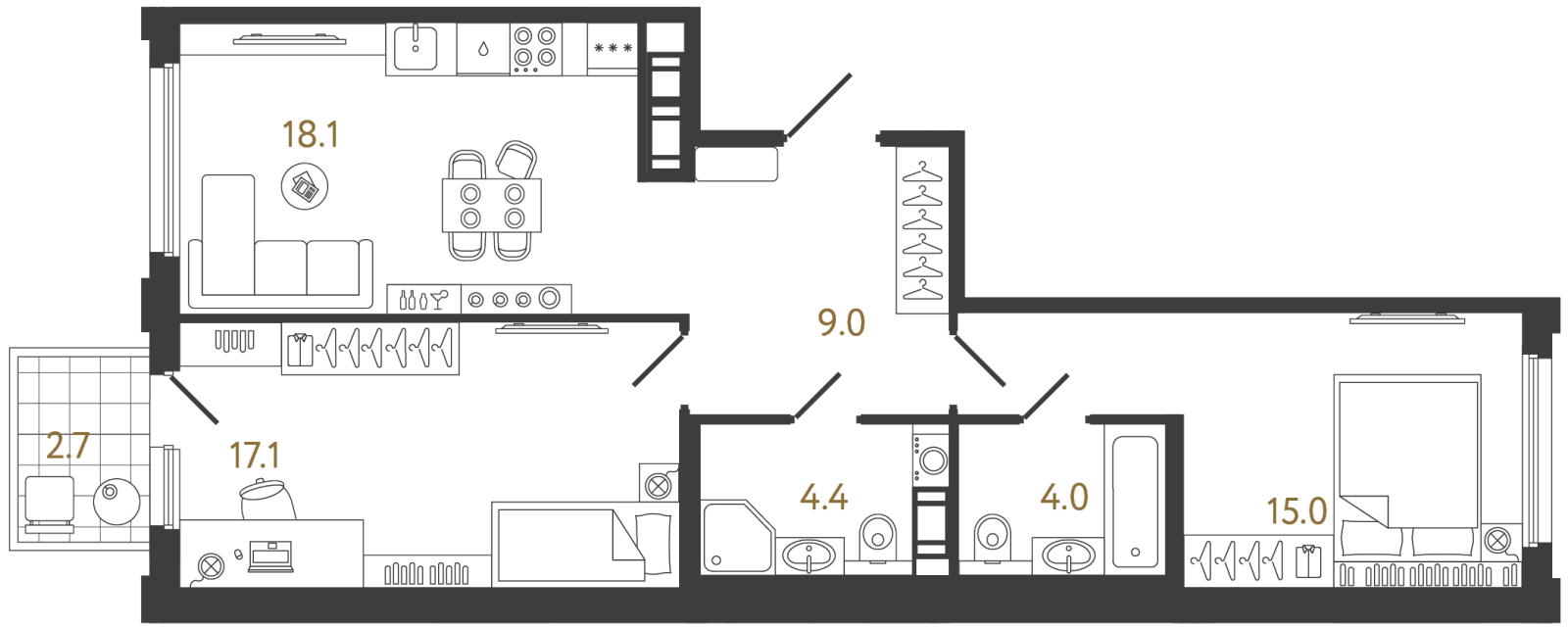 Планировка: 2-комнатная квартира, 67,6 м²