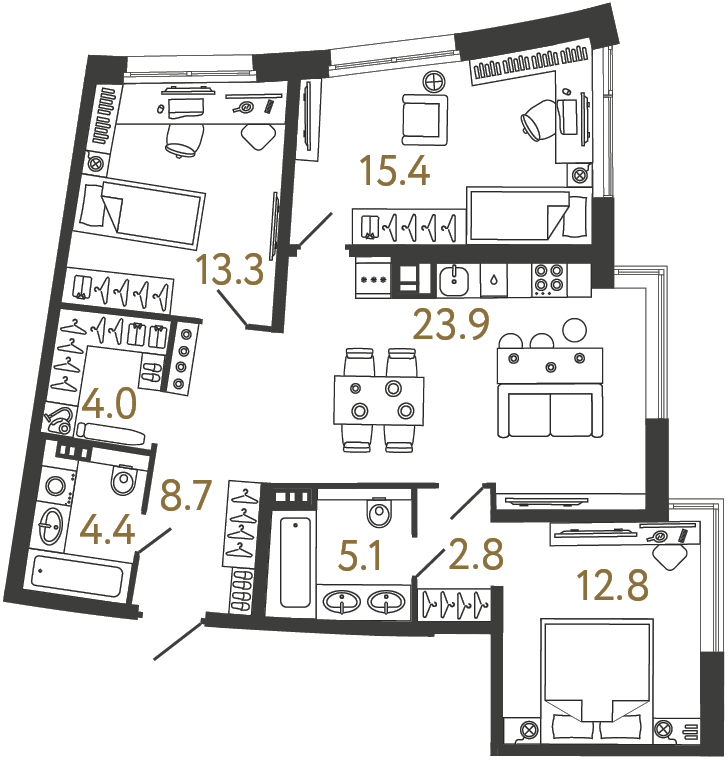 Планировка: 3-комнатная квартира, 90,4 м²