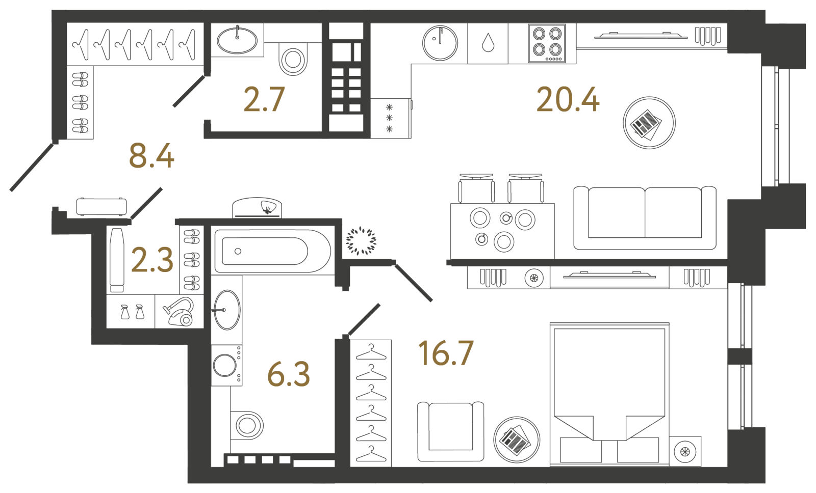 Планировка: 1-комнатная квартира, 56,8 м²