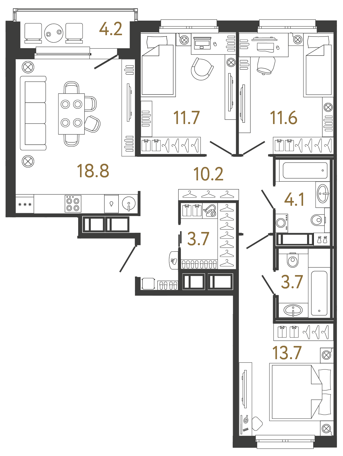 Планировка: 3-комнатная квартира, 77,5 м²