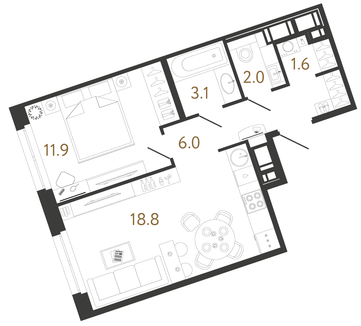 Планировка: 1-комнатная квартира, 43,4 м²