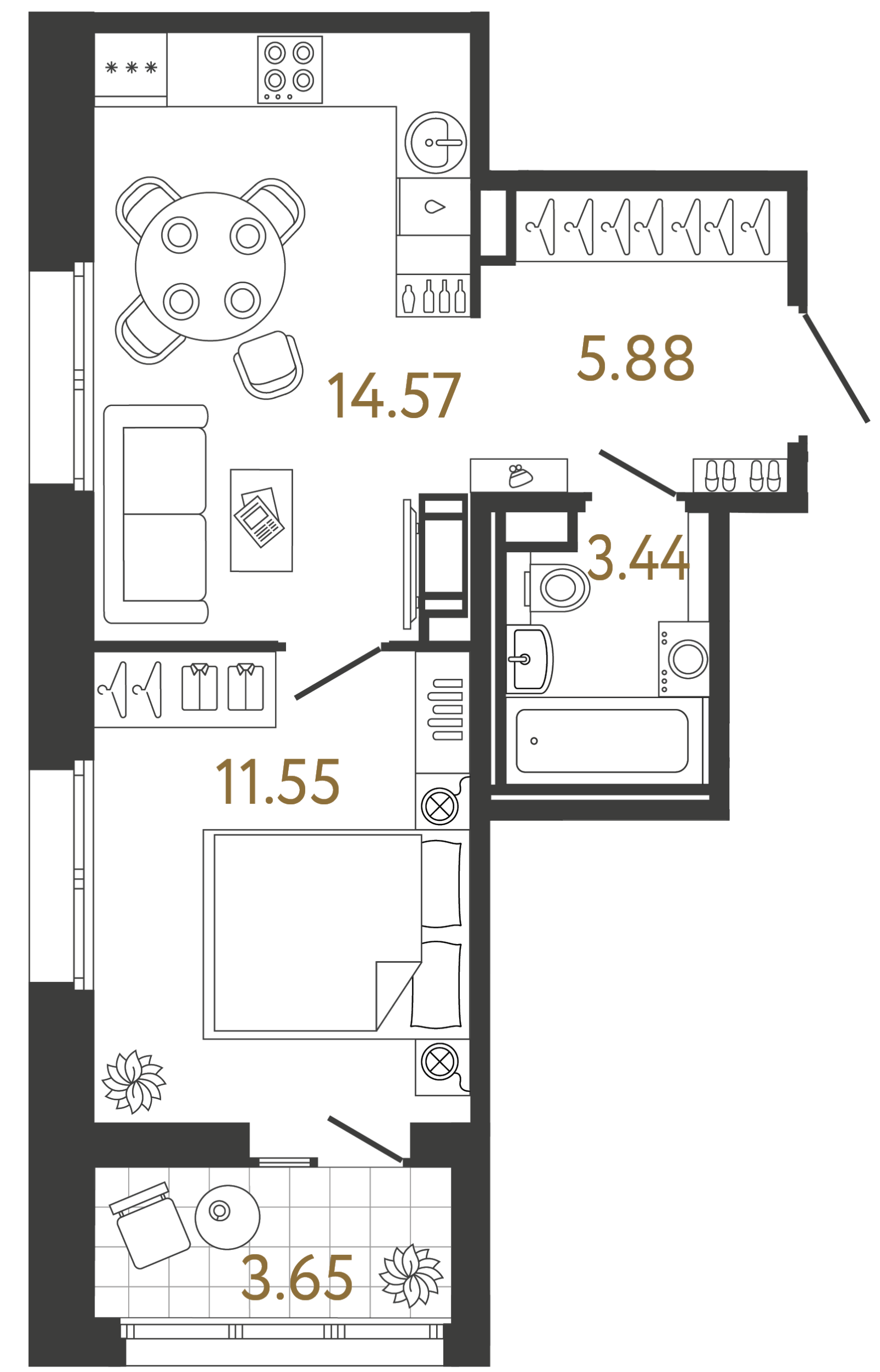 Планировка: 1-комнатная квартира, 35,4 м²