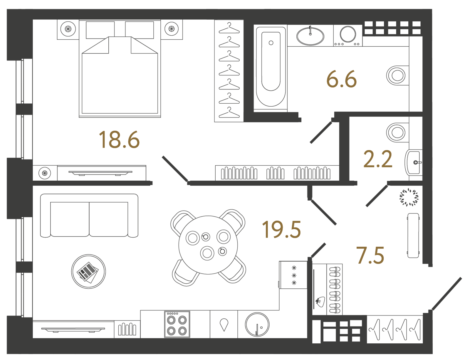 Планировка: 1-комнатная квартира, 54,4 м²