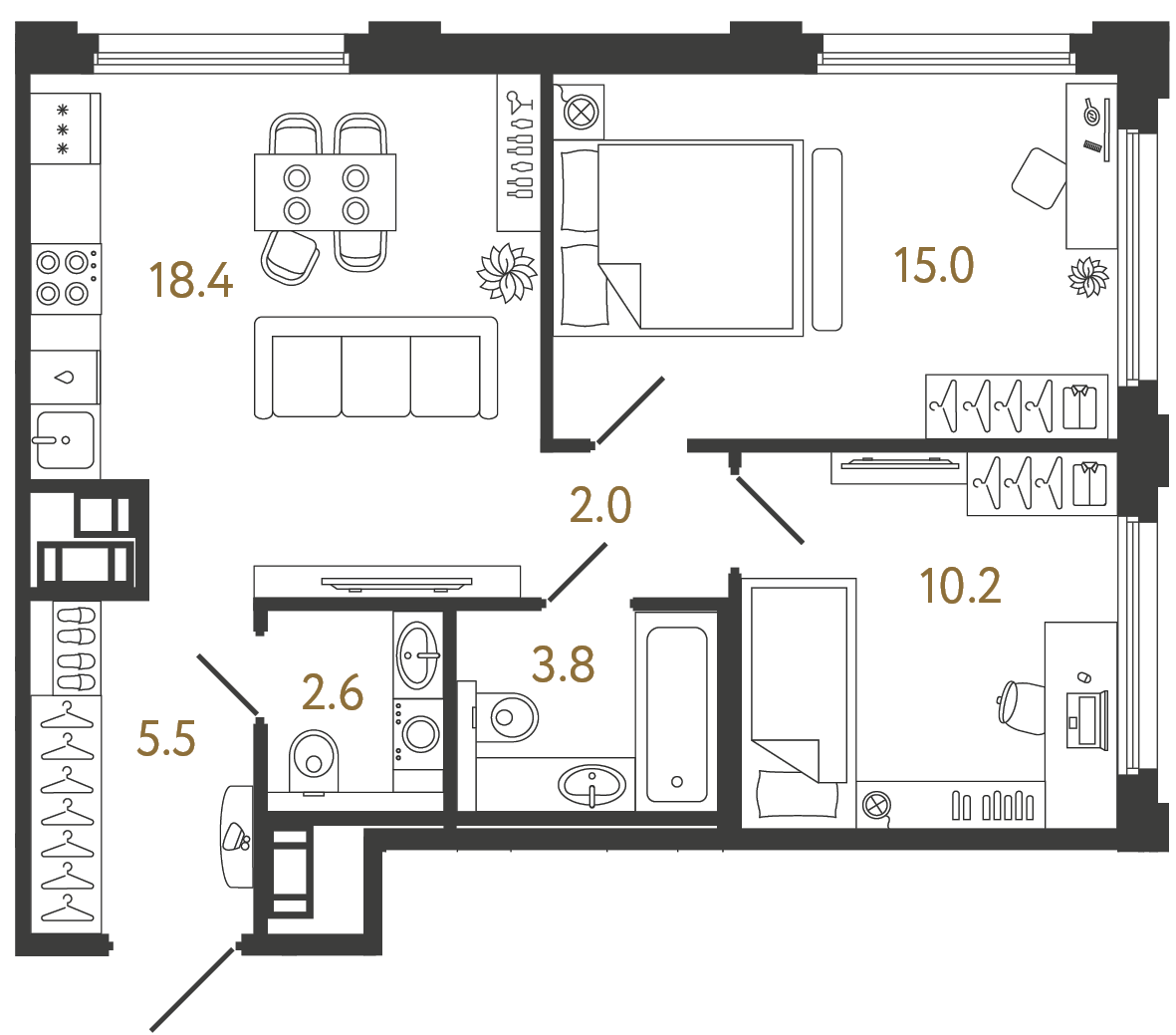 Планировка: 2-комнатная квартира, 57,5 м²