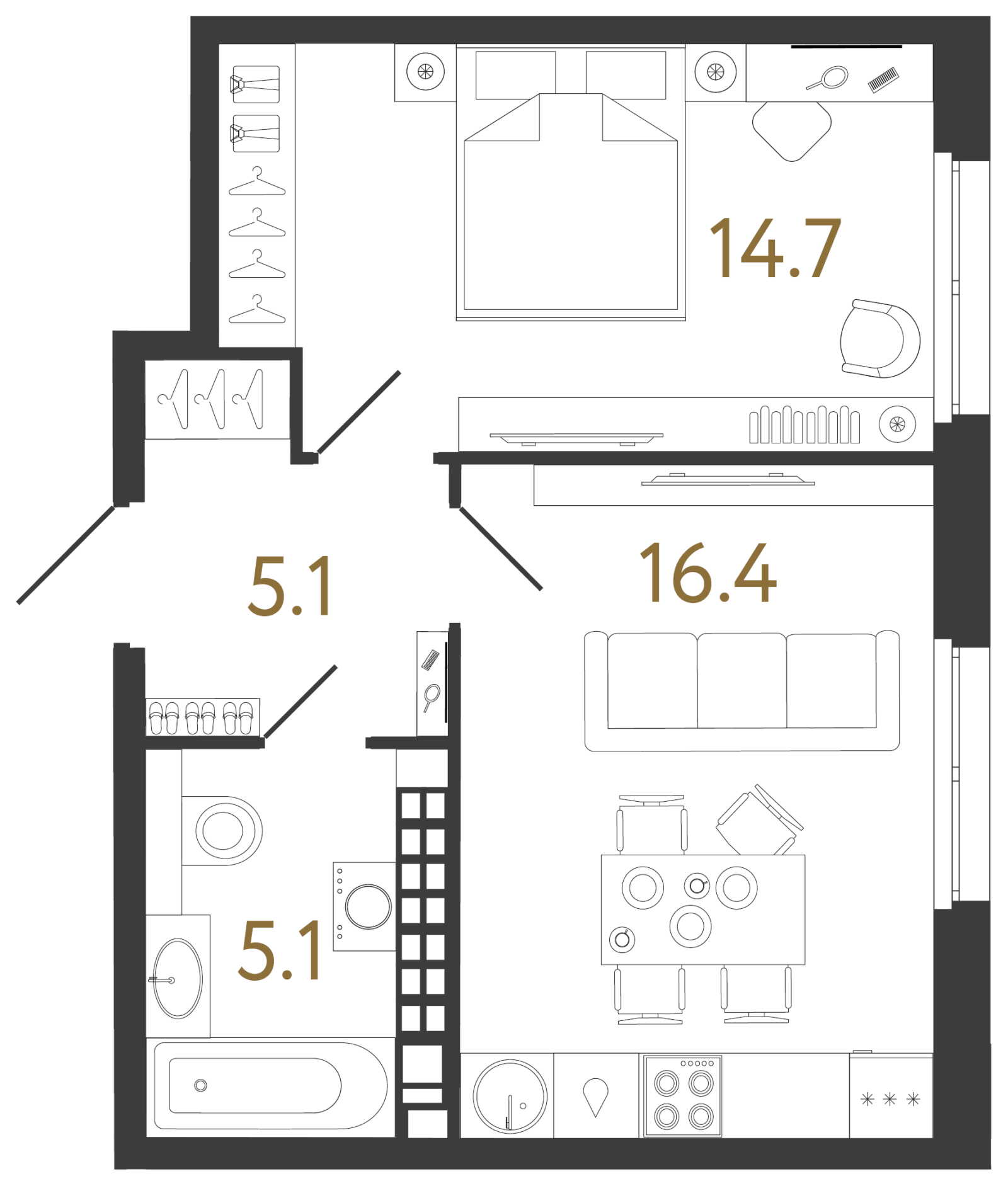 Планировка: 1-комнатная квартира, 41,3 м²