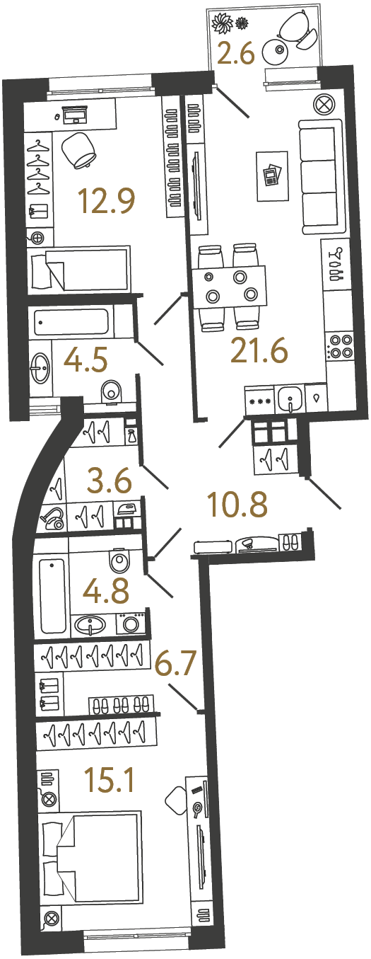 Планировка: 2-комнатная квартира, 80,0 м²