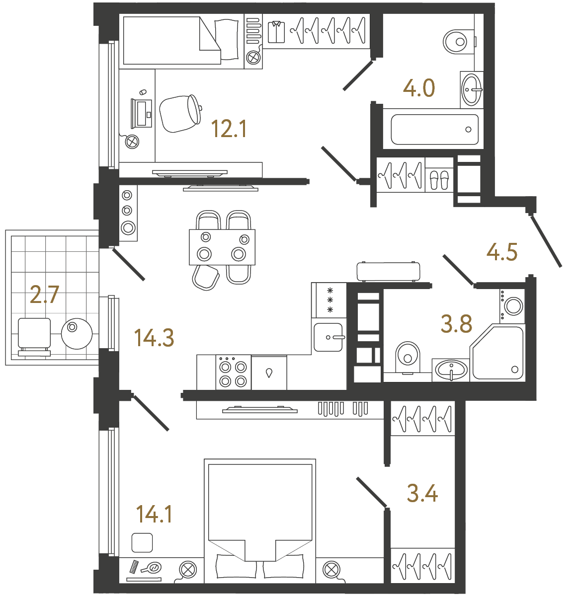 Планировка: 2-комнатная квартира, 56,2 м²