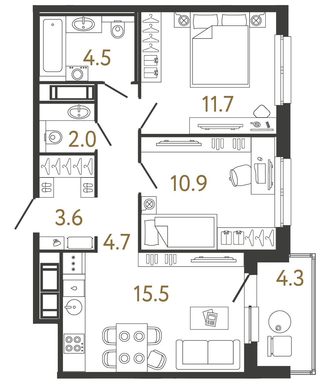 Планировка: 2-комнатная квартира, 52,9 м²