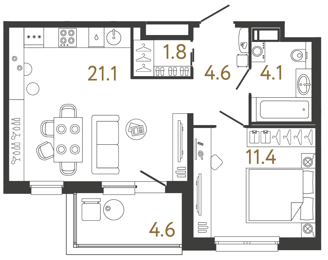 Планировка: 1-комнатная квартира, 43,0 м²
