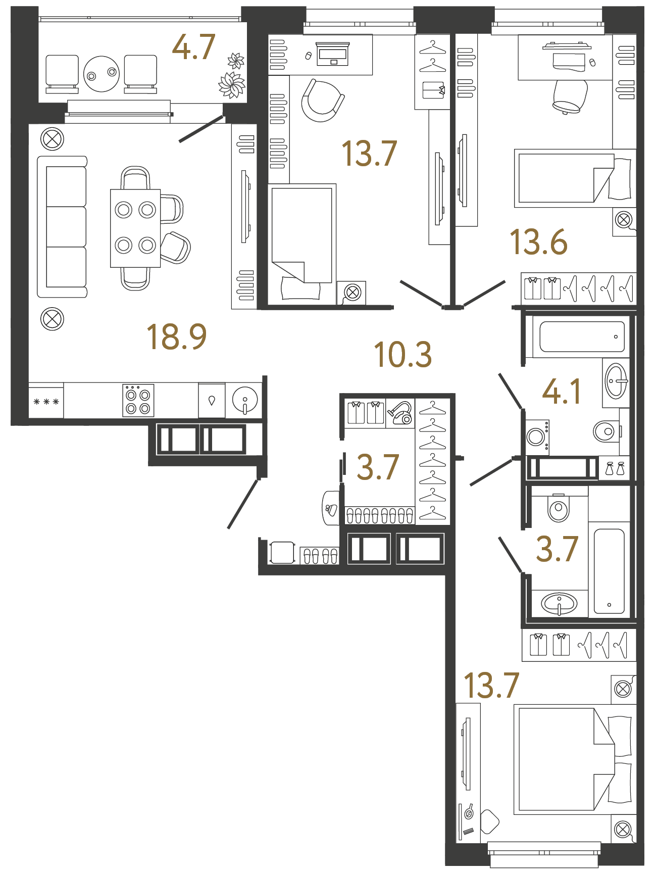 Планировка: 3-комнатная квартира, 81,7 м²