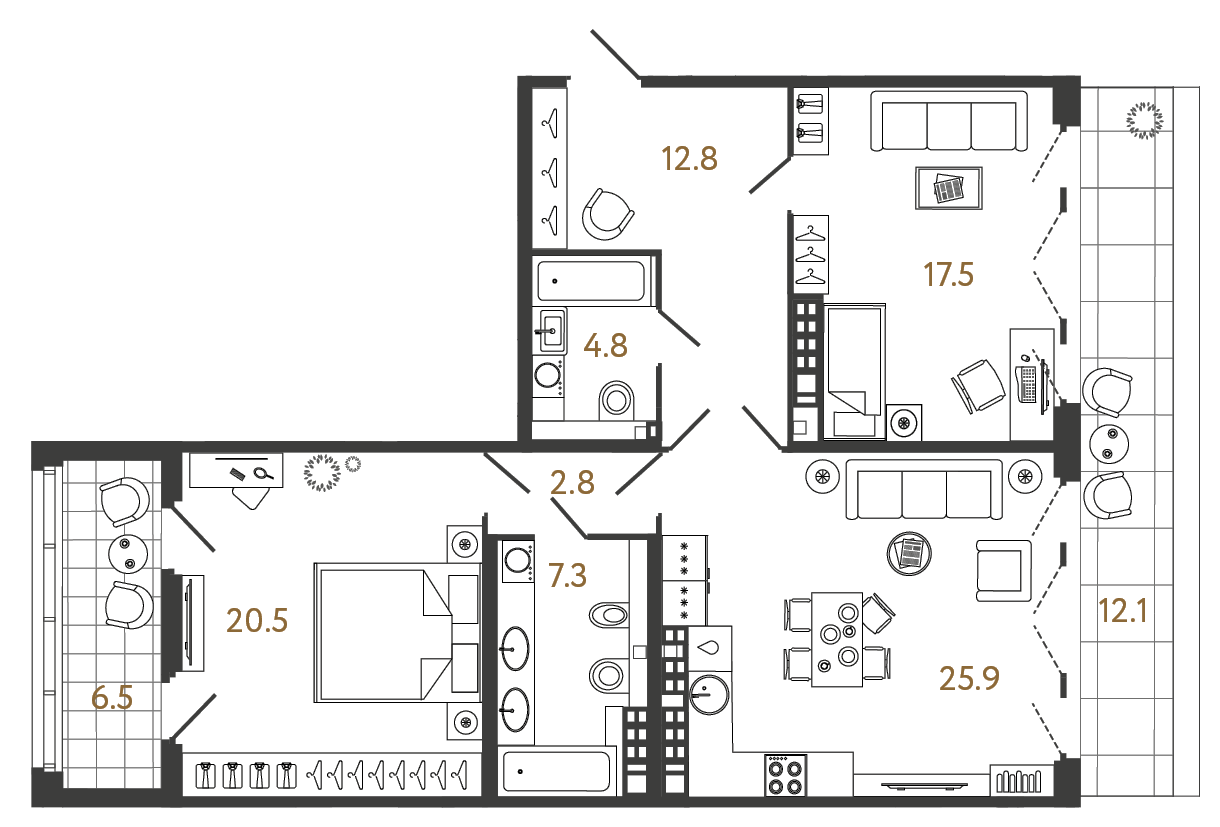 Планировка: 2-комнатная квартира, 91,6 м²
