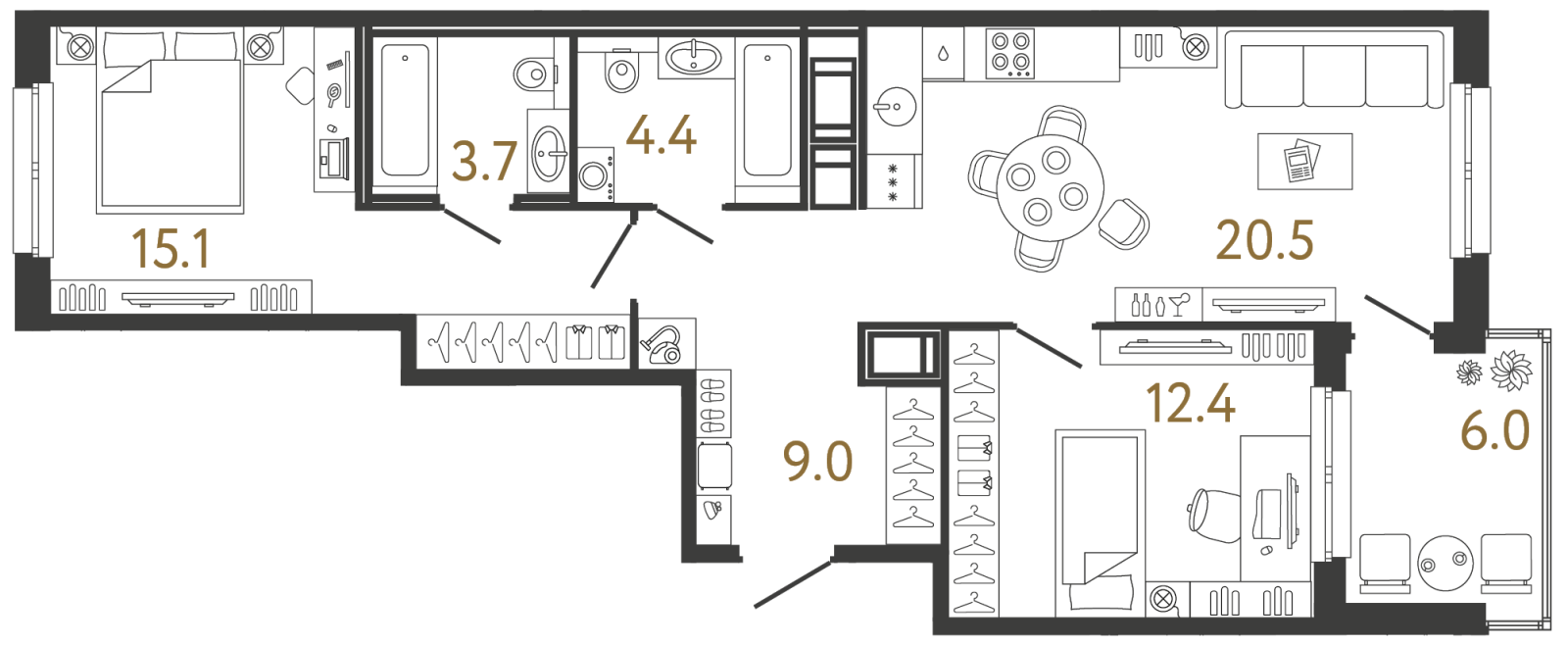 Планировка: 2-комнатная квартира, 65,1 м²