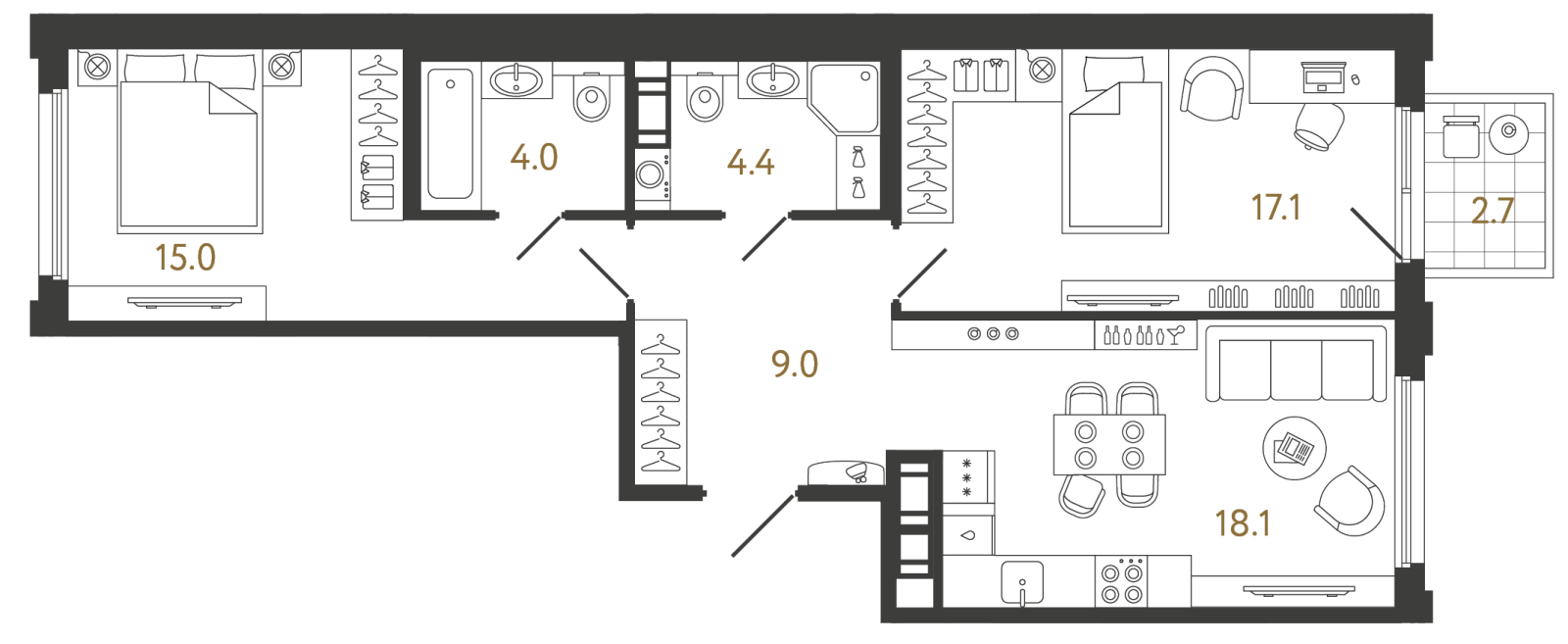 Планировка: 2-комнатная квартира, 67,6 м²