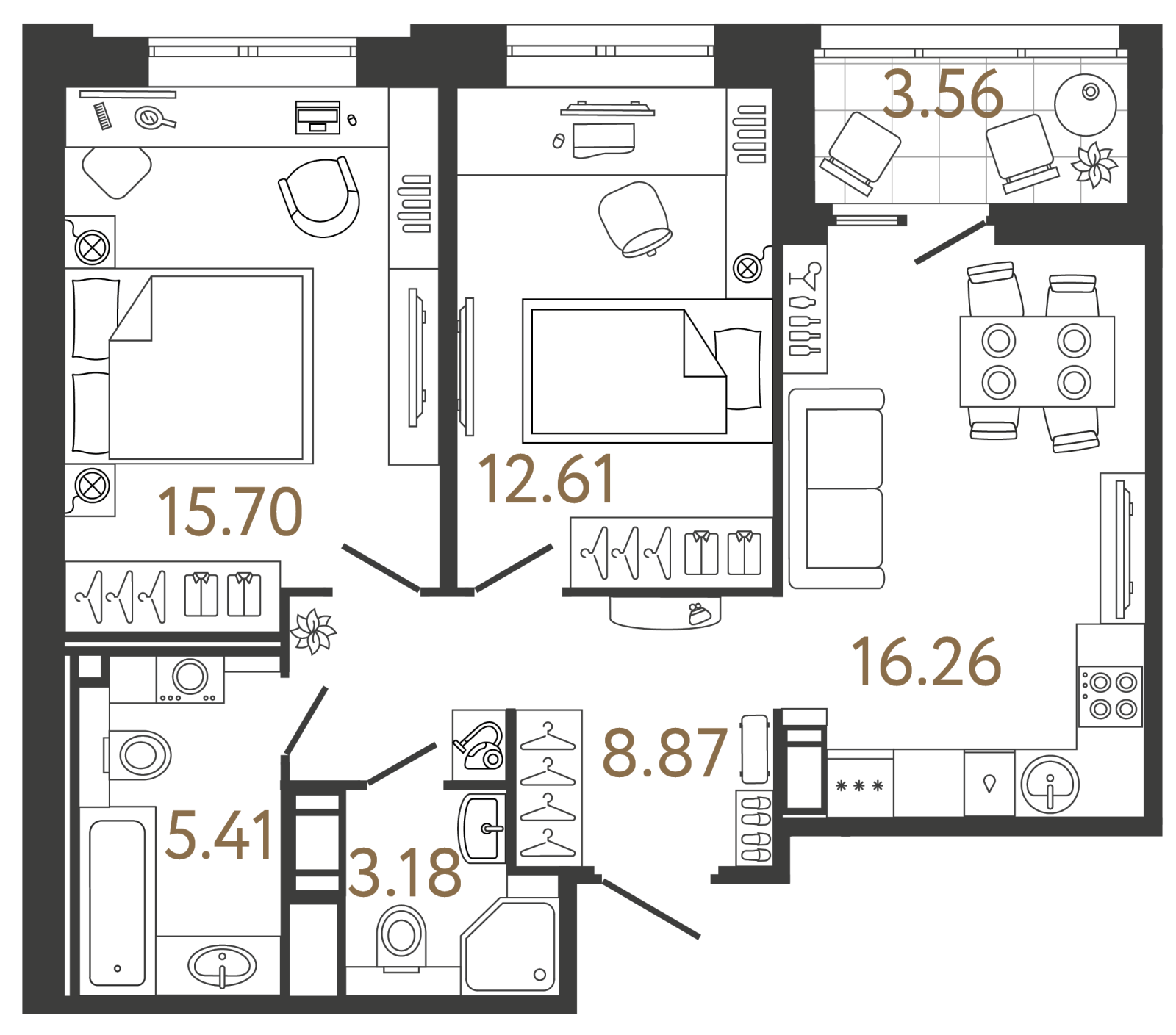 Планировка: 2-комнатная квартира, 62,0 м²