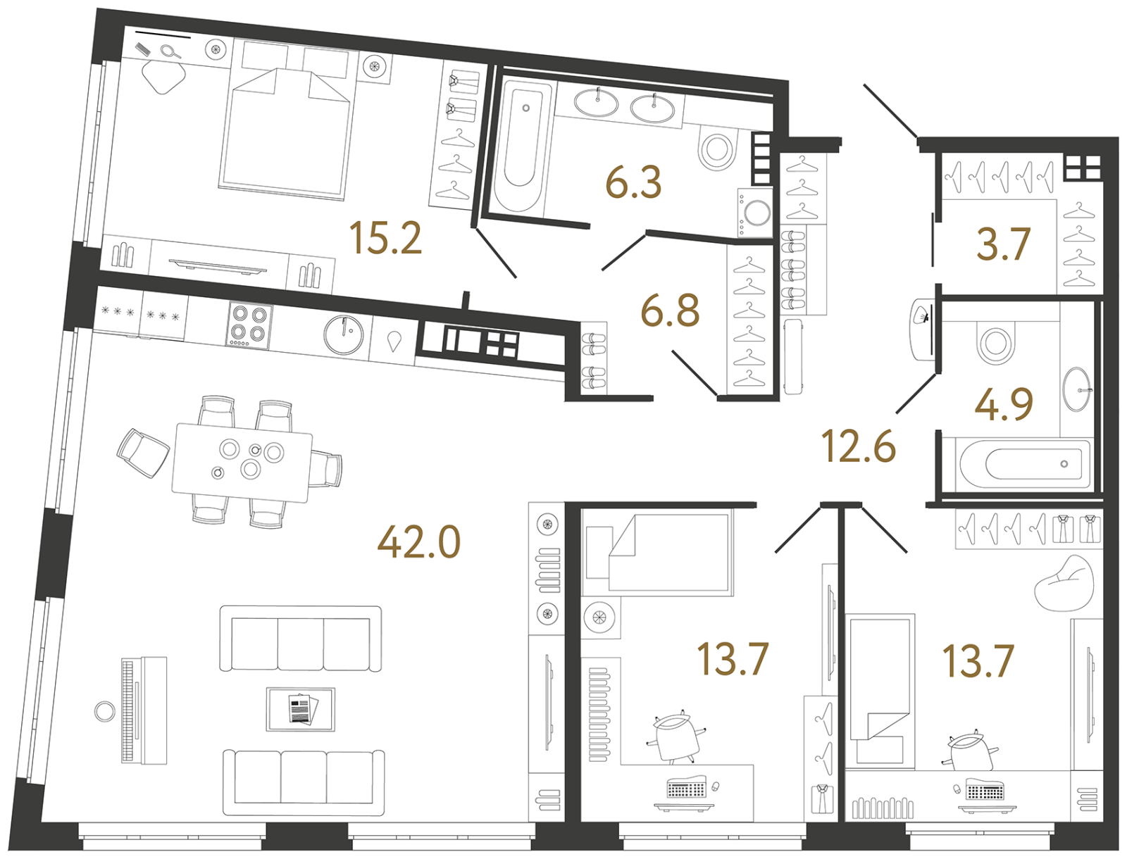 Планировка: 3-комнатная квартира, 118,9 м²