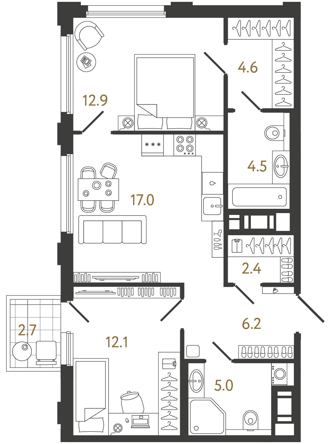 Планировка: 2-комнатная квартира, 64,7 м²