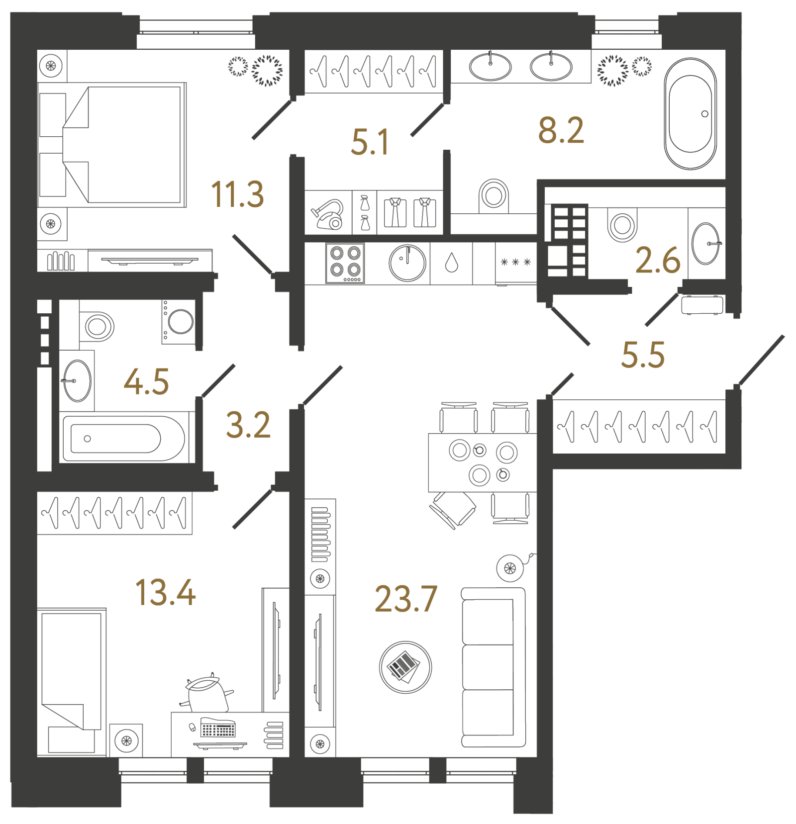 Планировка: 2-комнатная квартира, 77,5 м²