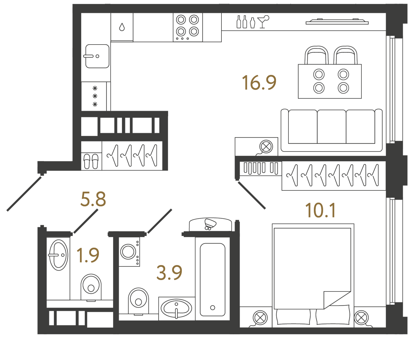 Планировка: 1-комнатная квартира, 38,6 м²