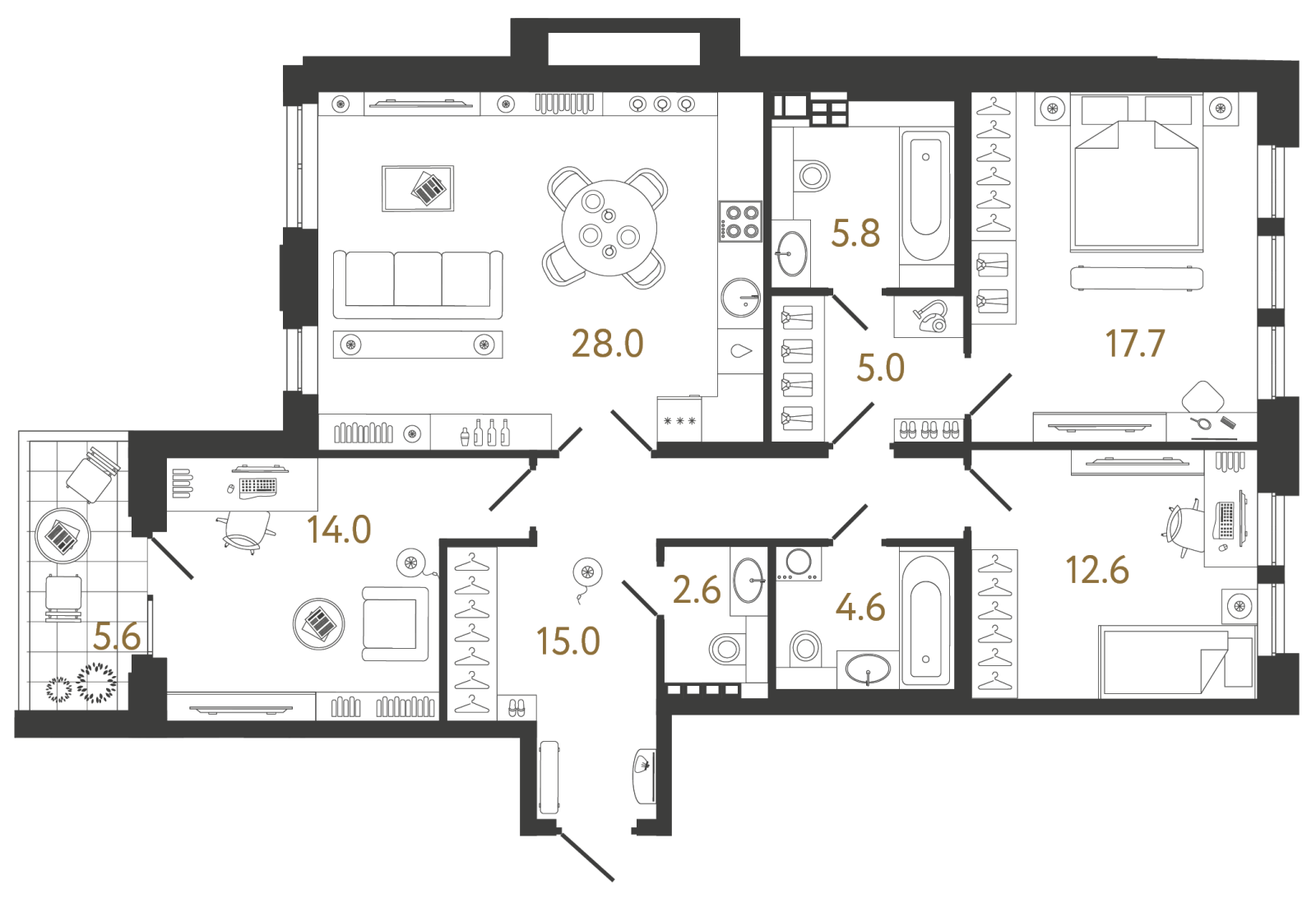 Планировка: 3-комнатная квартира, 105,3 м²